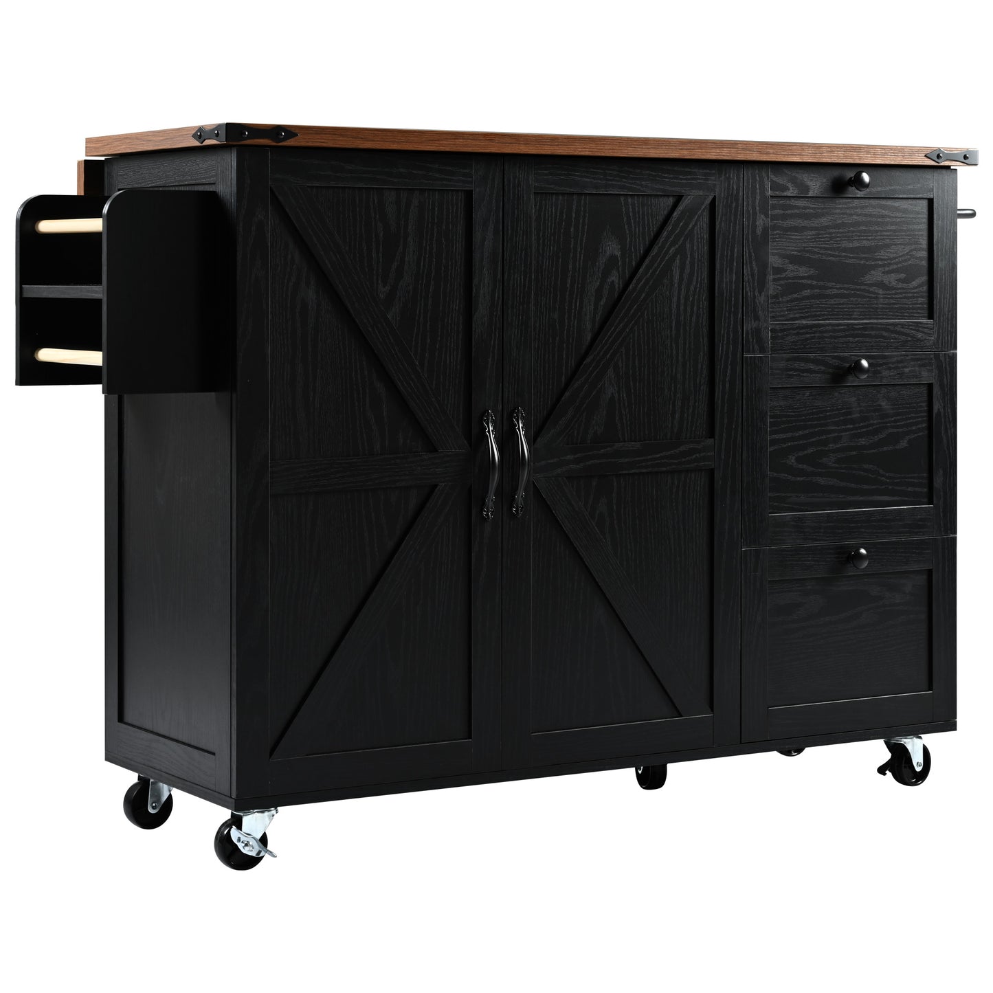 Black barn door kitchen island with drawers and spice rack