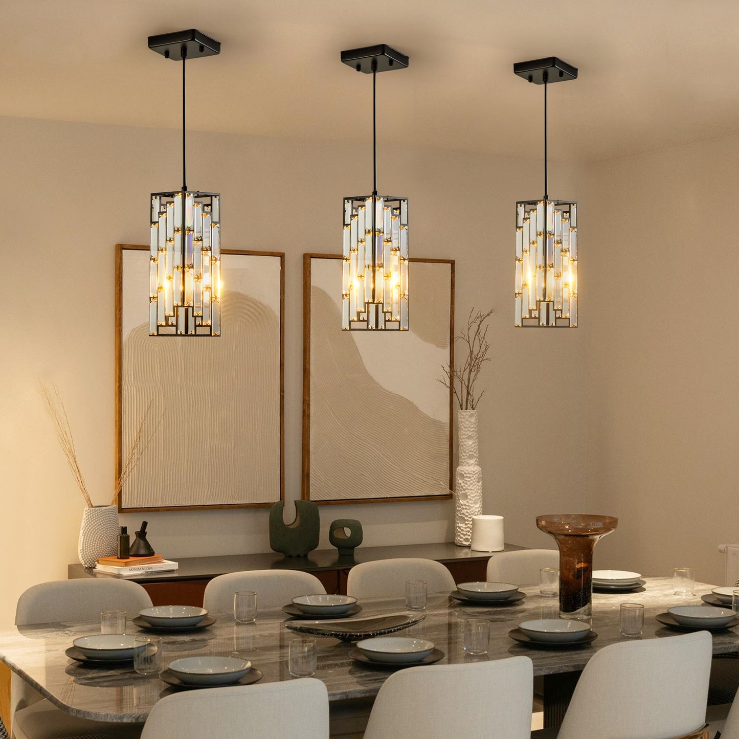 Modern rectangular crystal pendant light with black metal frame perfect for dining room