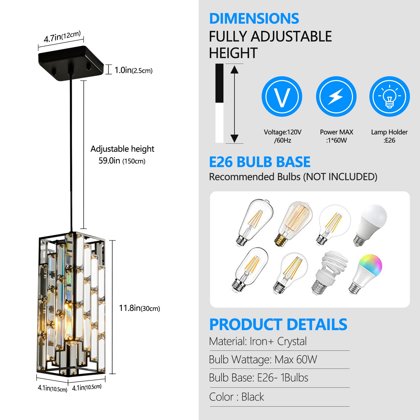 Black iron and crystal pendant light with adjustable height for dining rooms