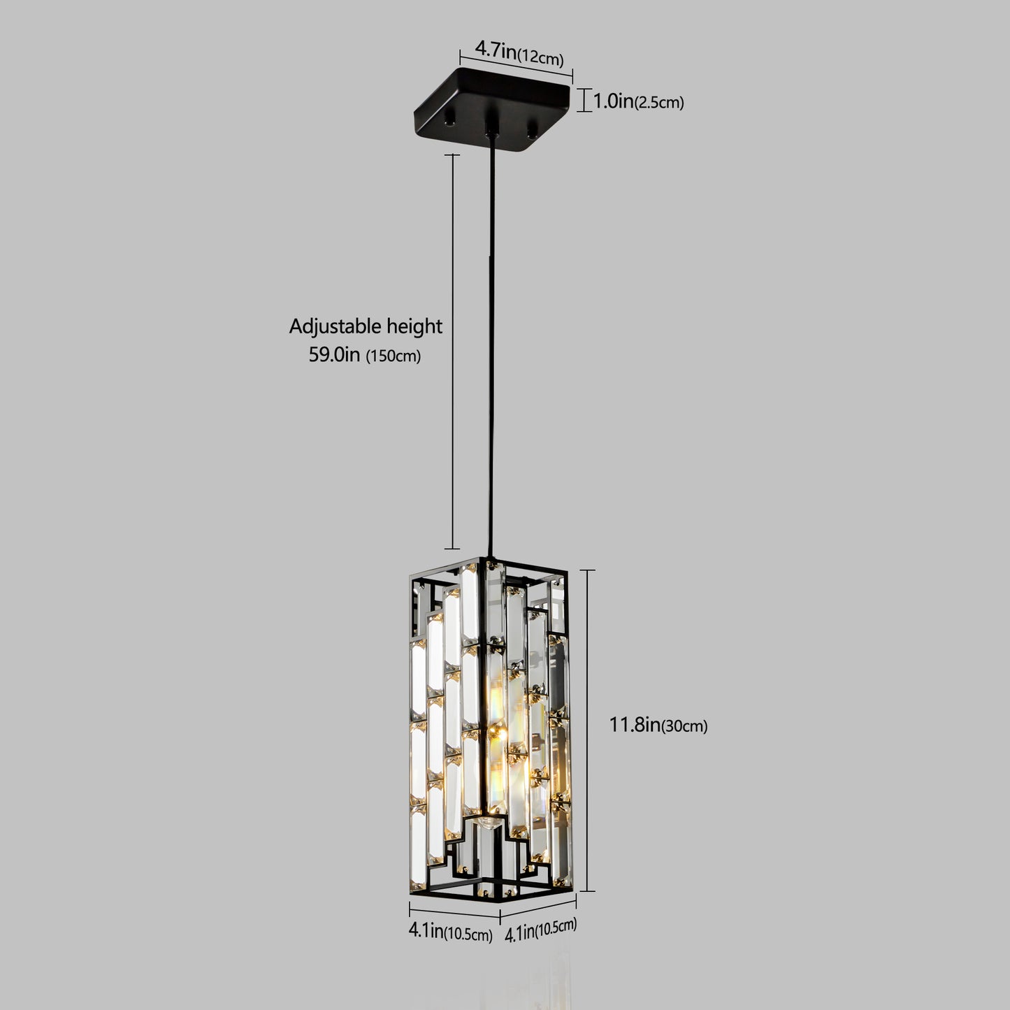 Modern black metal pendant light with crystal accents in tall adjustable