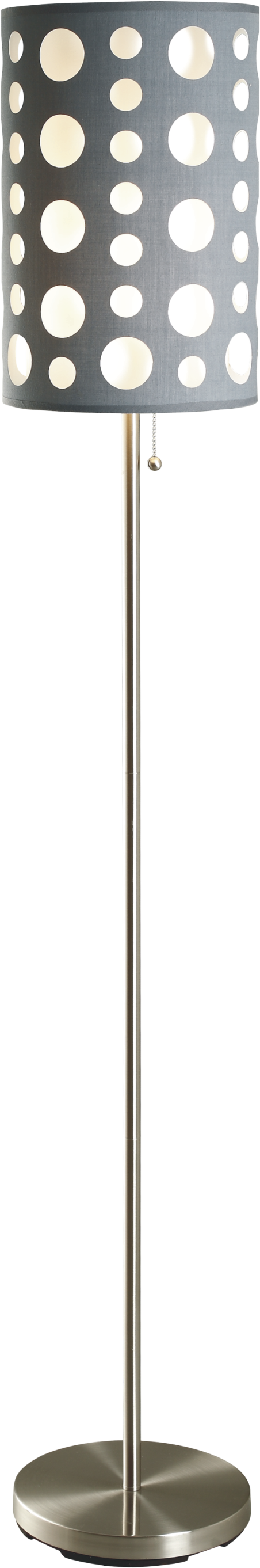 Modern gray floor lamp with a polka dot drum shade and brushed nickel finish