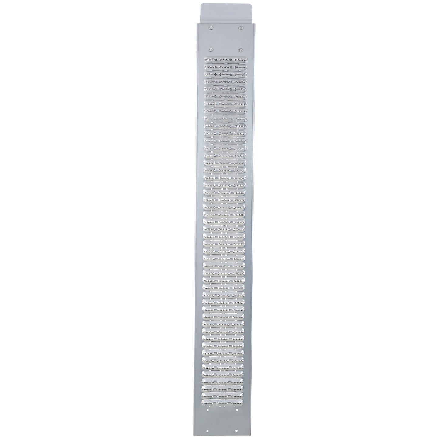 Long metal grater with multiple rows of sharp grating surfaces and circular holes
