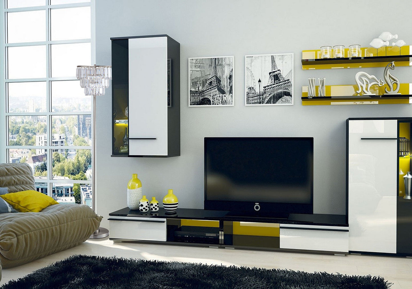 Sleek modern media console in black and white with yellow accents featuring open shelving and drawers