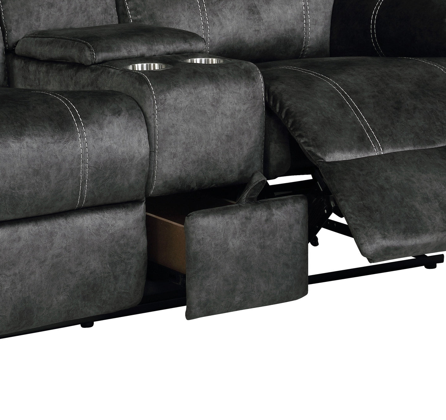 Dark gray faux leather reclining sofa with builtin storage drawer and cup holders