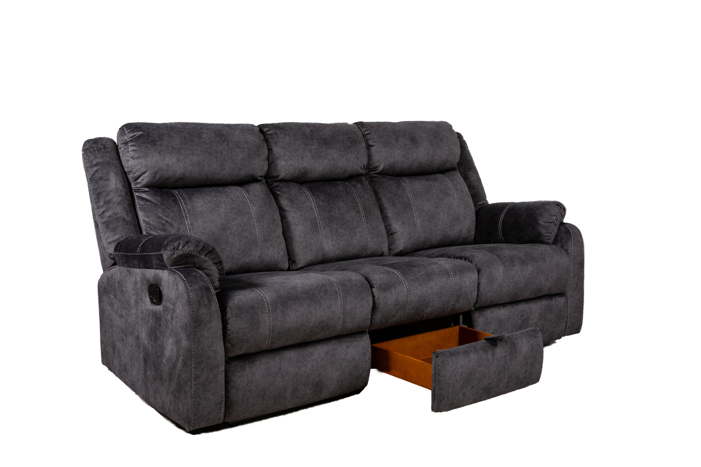 Dark gray fabric threeseater recliner sofa with visible storage drawer extended