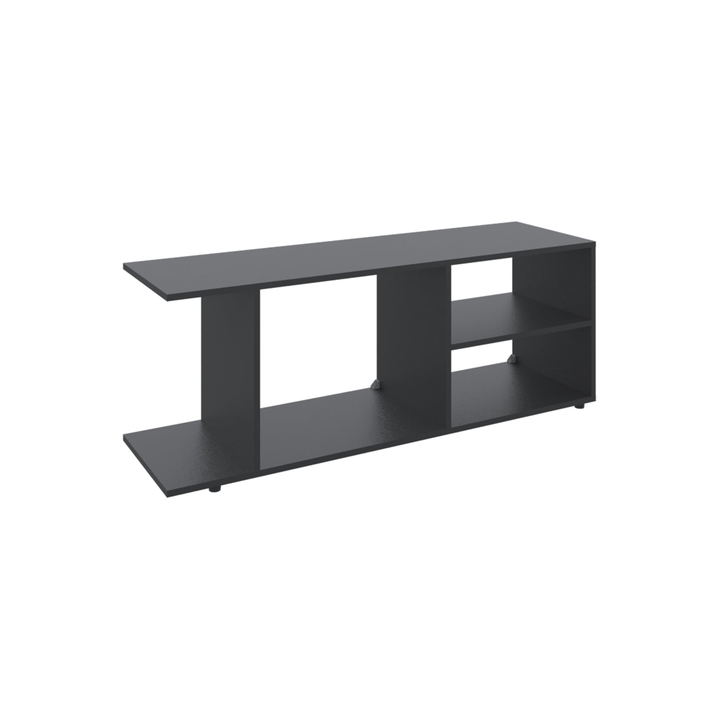 Sleek dark gray modern TV stand with open shelving and minimalist design for living rooms