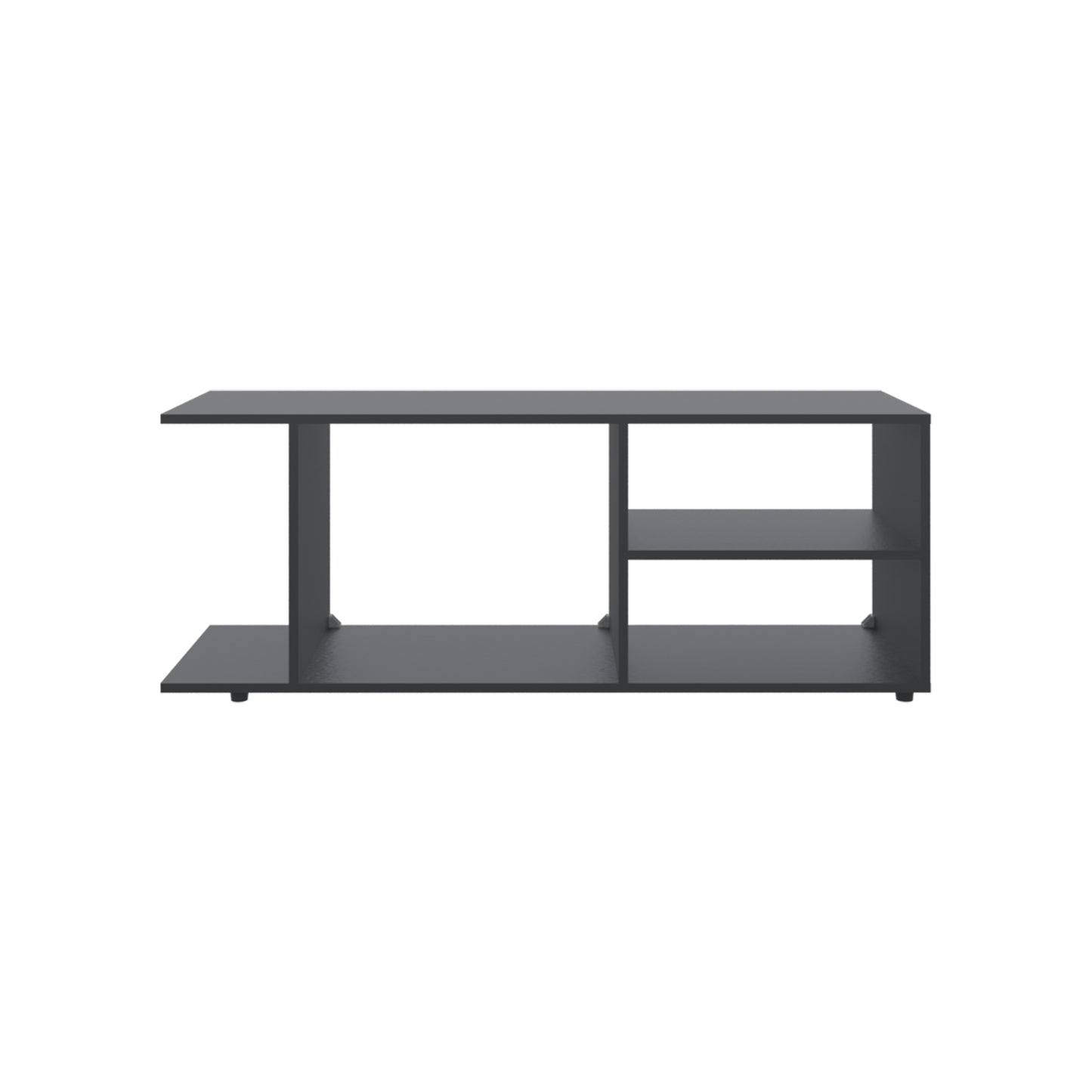 Modern dark grey media console with two shelves and open compartments