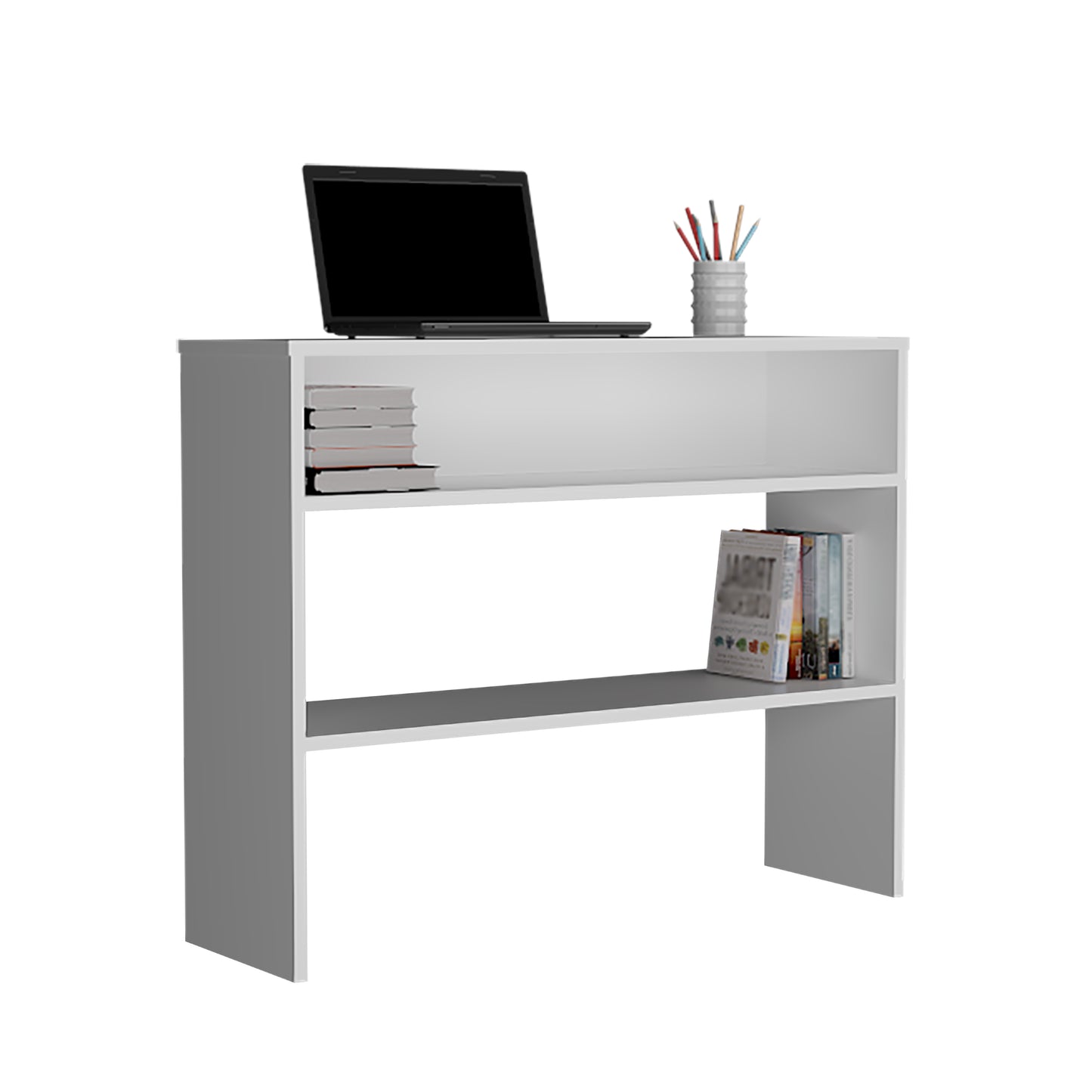 Modern white compact desk with open shelving laptop and books for home office use