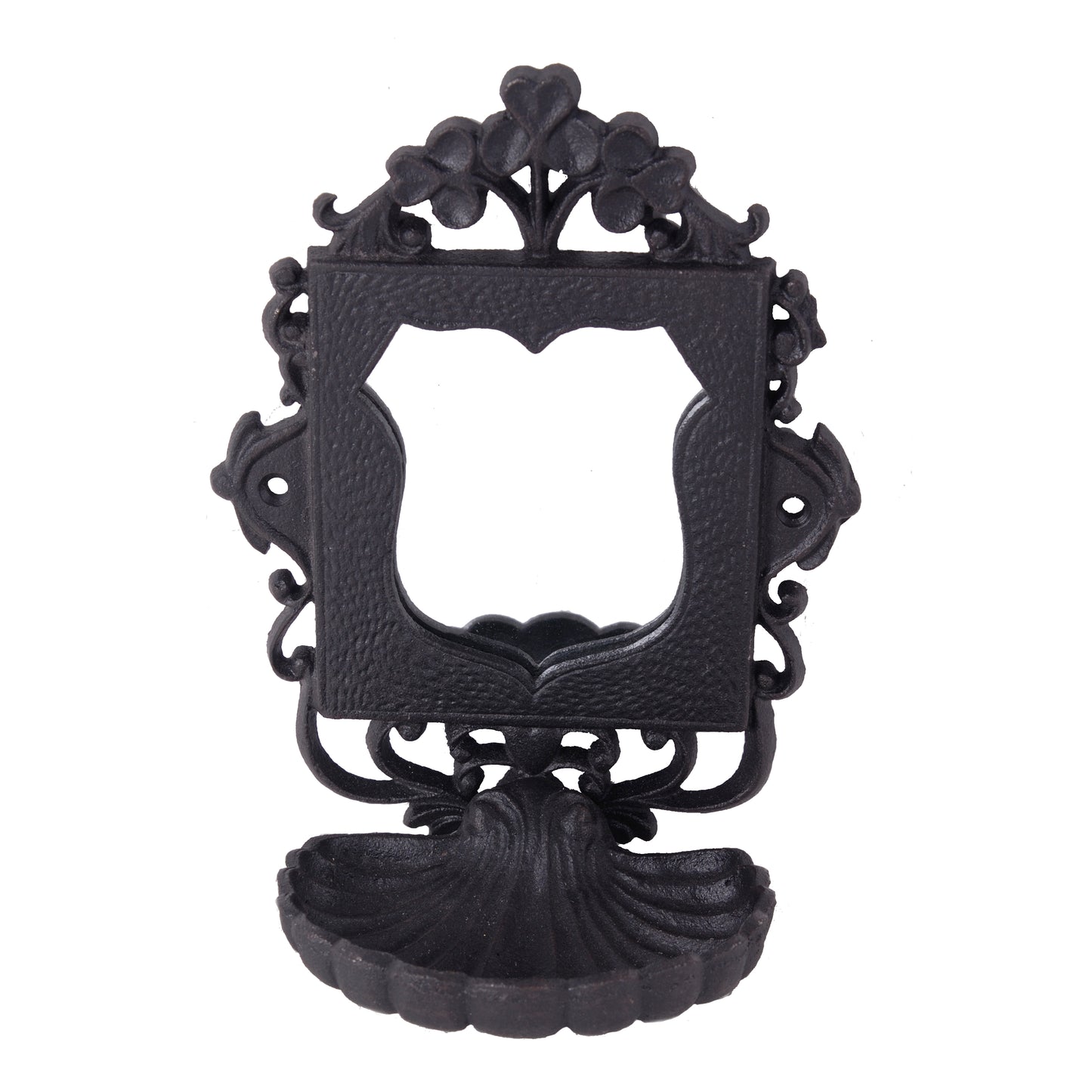 Ornate black cast iron wall mount with shellshaped drip catcher