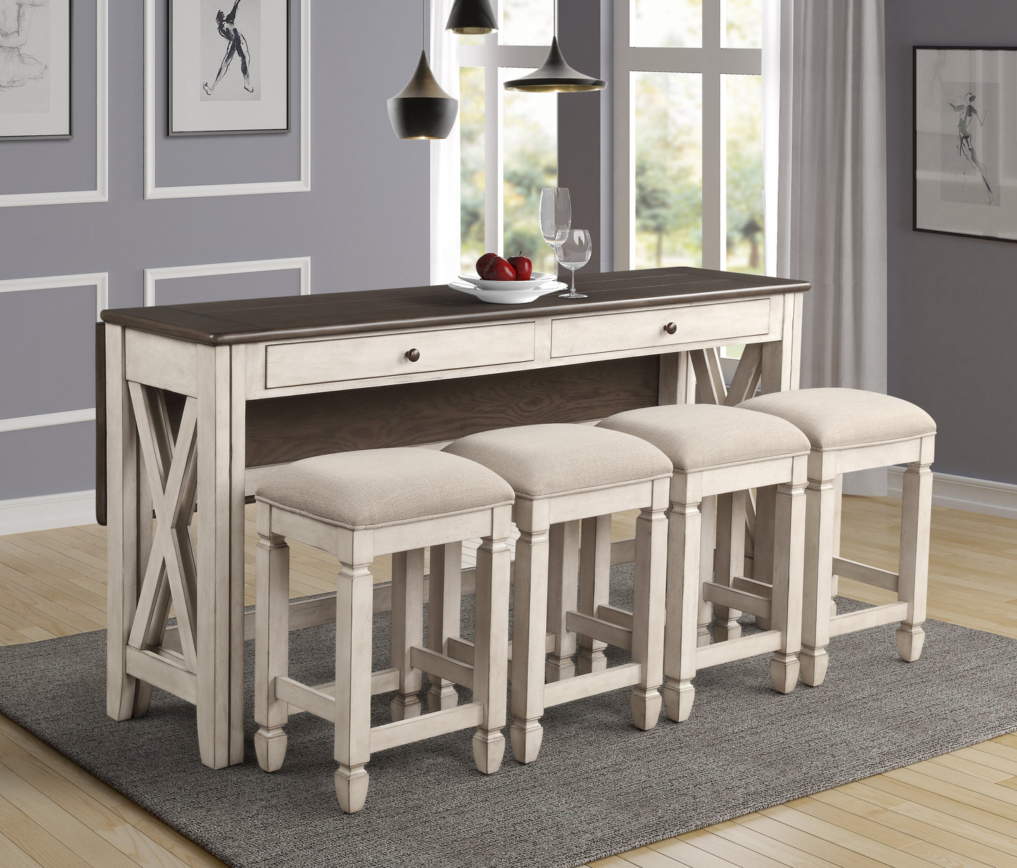 Rustic white dining set with dark wood top and upholstered stools