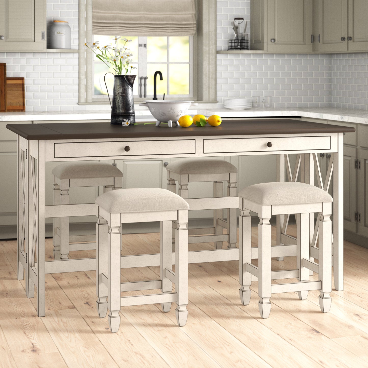 White distressed wood kitchen island with four upholstered bar stools