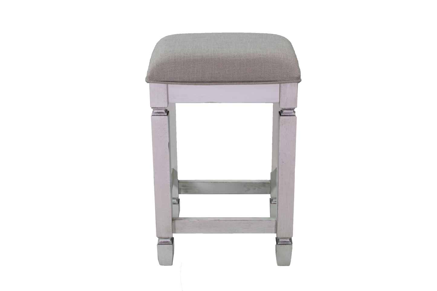 Light grey upholstered bar stool with distressed white wooden frame and footrest