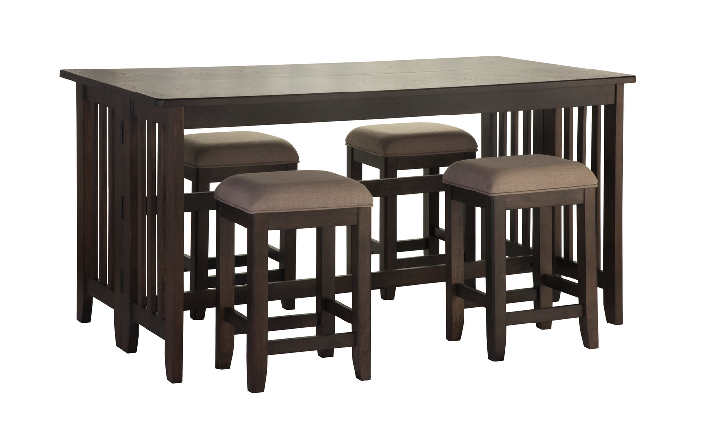 Dark wood counter height table with four upholstered stools perfect for small spaces