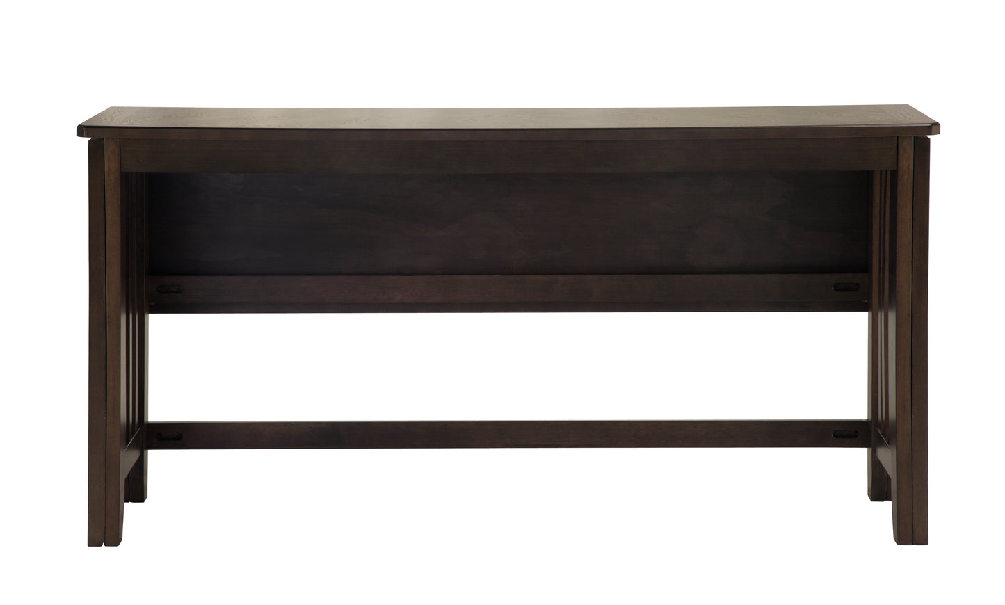 Dark espresso wood writing desk with clean lines and slatted back