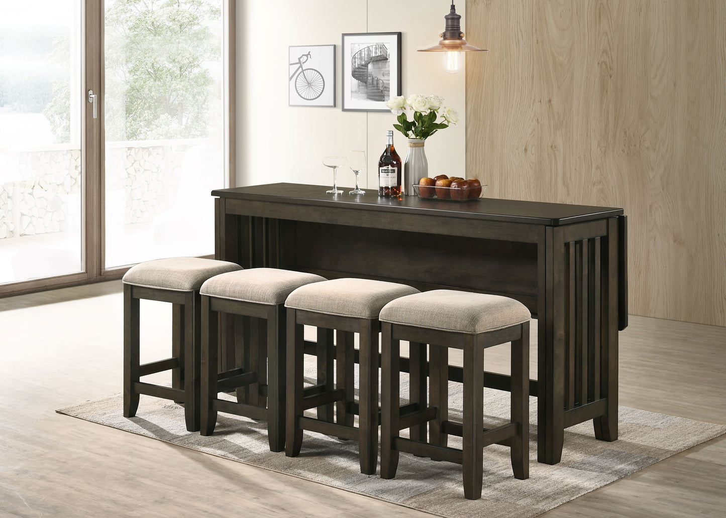 Dark wood drop leaf table with four upholstered bar stools