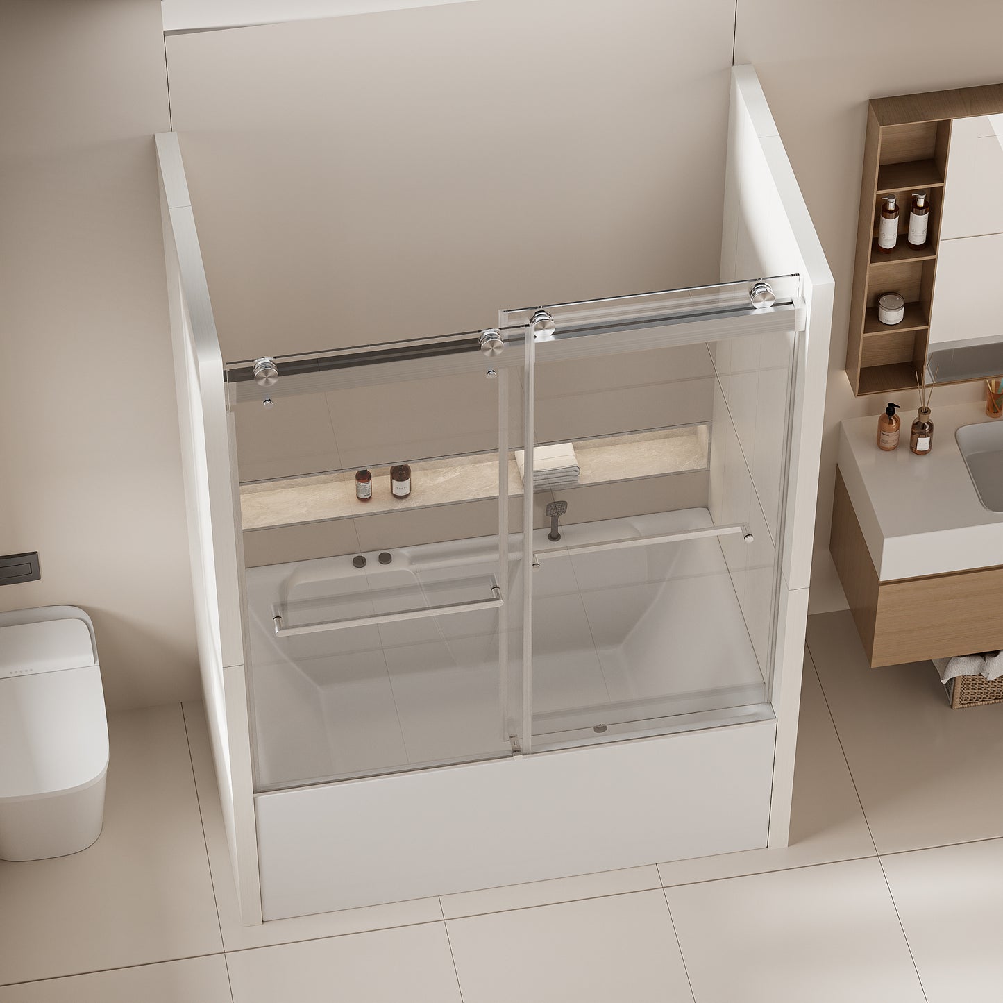 Modern sliding tub shower door with brushed nickel hardware and clear glass panels