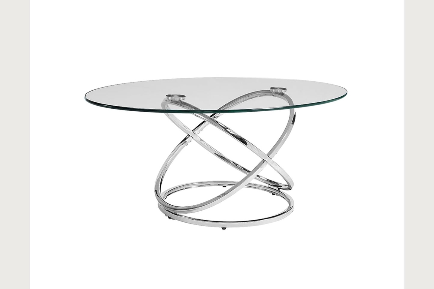 Glass top coffee table with a polished chrome sculptural base