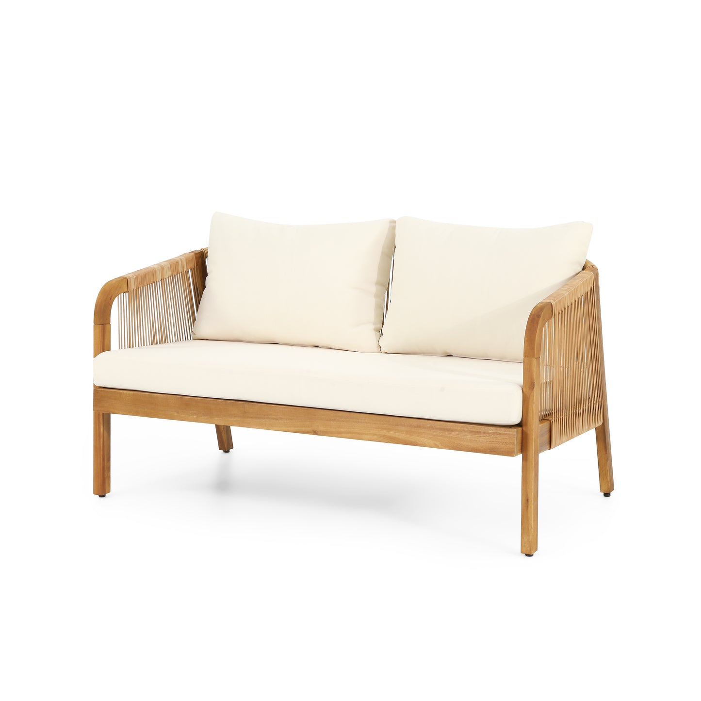 Natural wood loveseat with cream cushions and woven rope accents