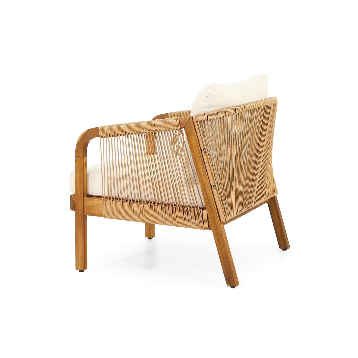 Teak framed armchair with natural rattan weaving and cream cushions