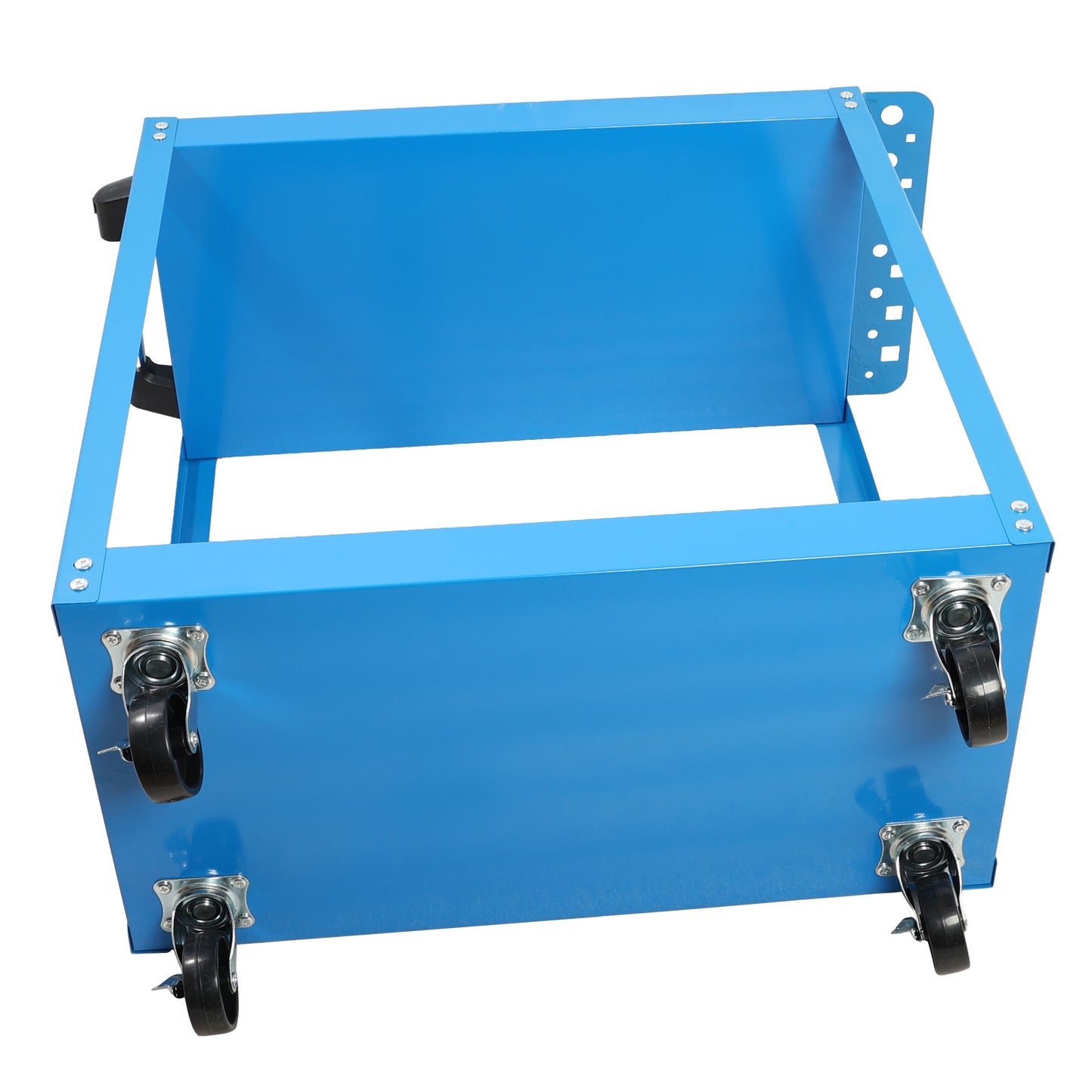 Blue metal rolling cart base with four swivel casters and brake levers for secure placement