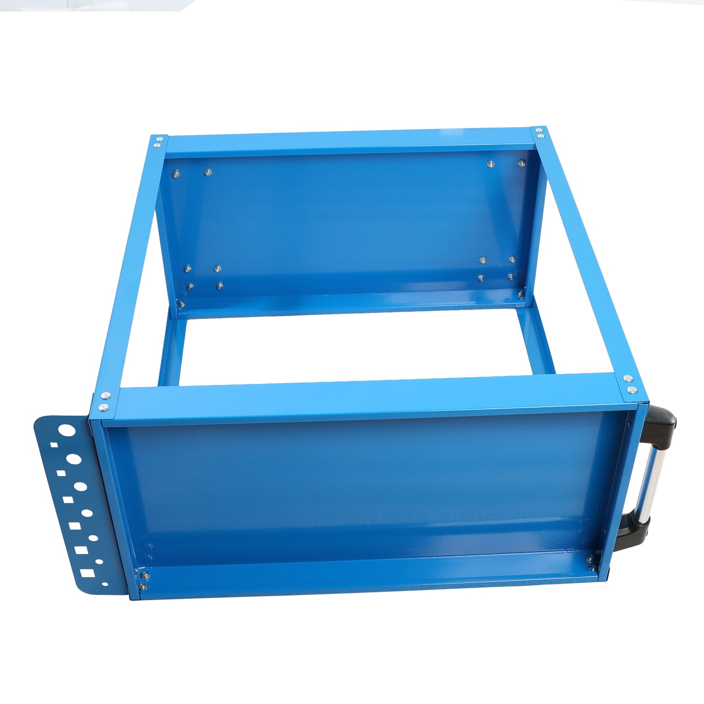 Blue metal tool cart frame with a handle and pegboard side attachment for workshops