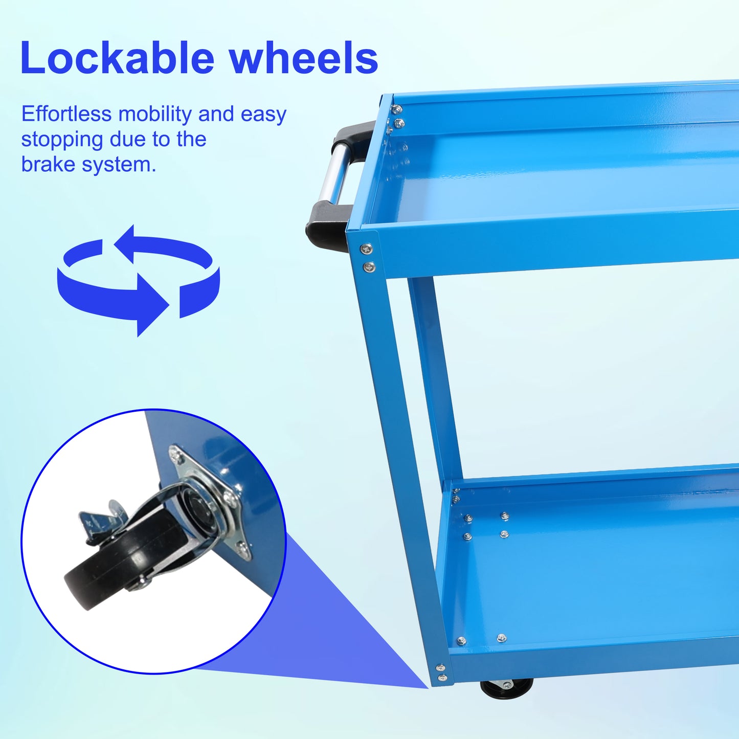 Blue metal utility cart with lockable wheels ideal for garage organization