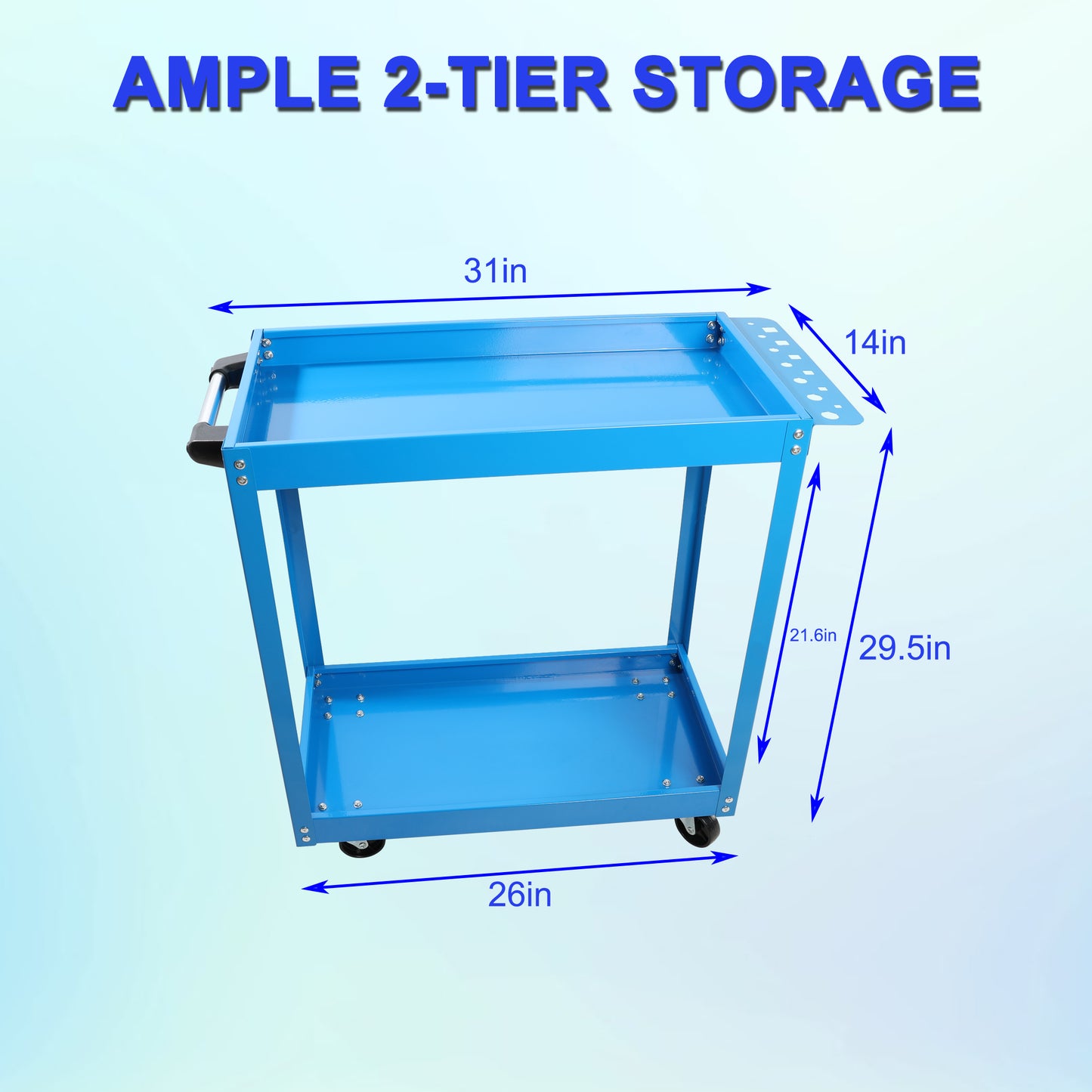 Blue twotier rolling utility cart with handle and casters in W x in D x in H