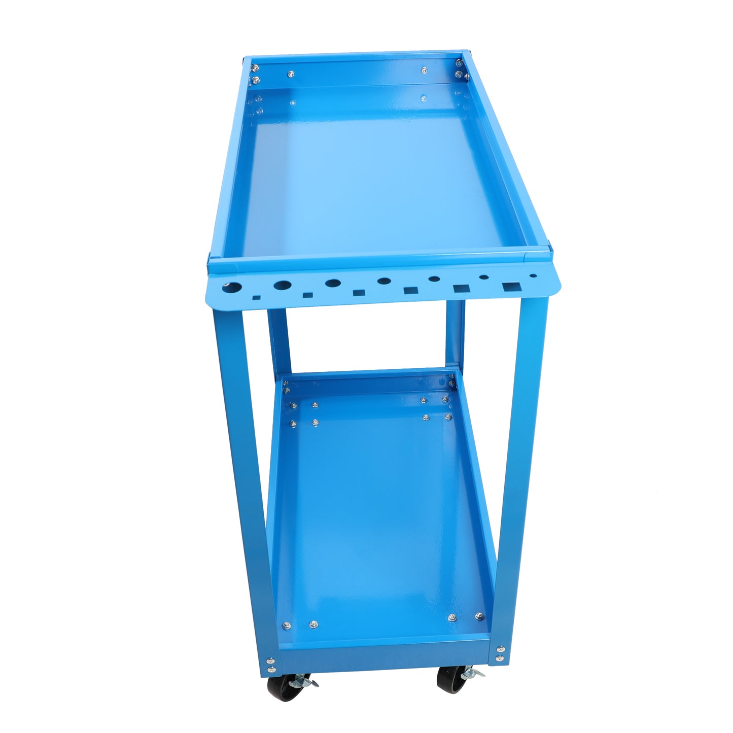 Blue metal rolling utility cart with two shelves and tool organizer slots