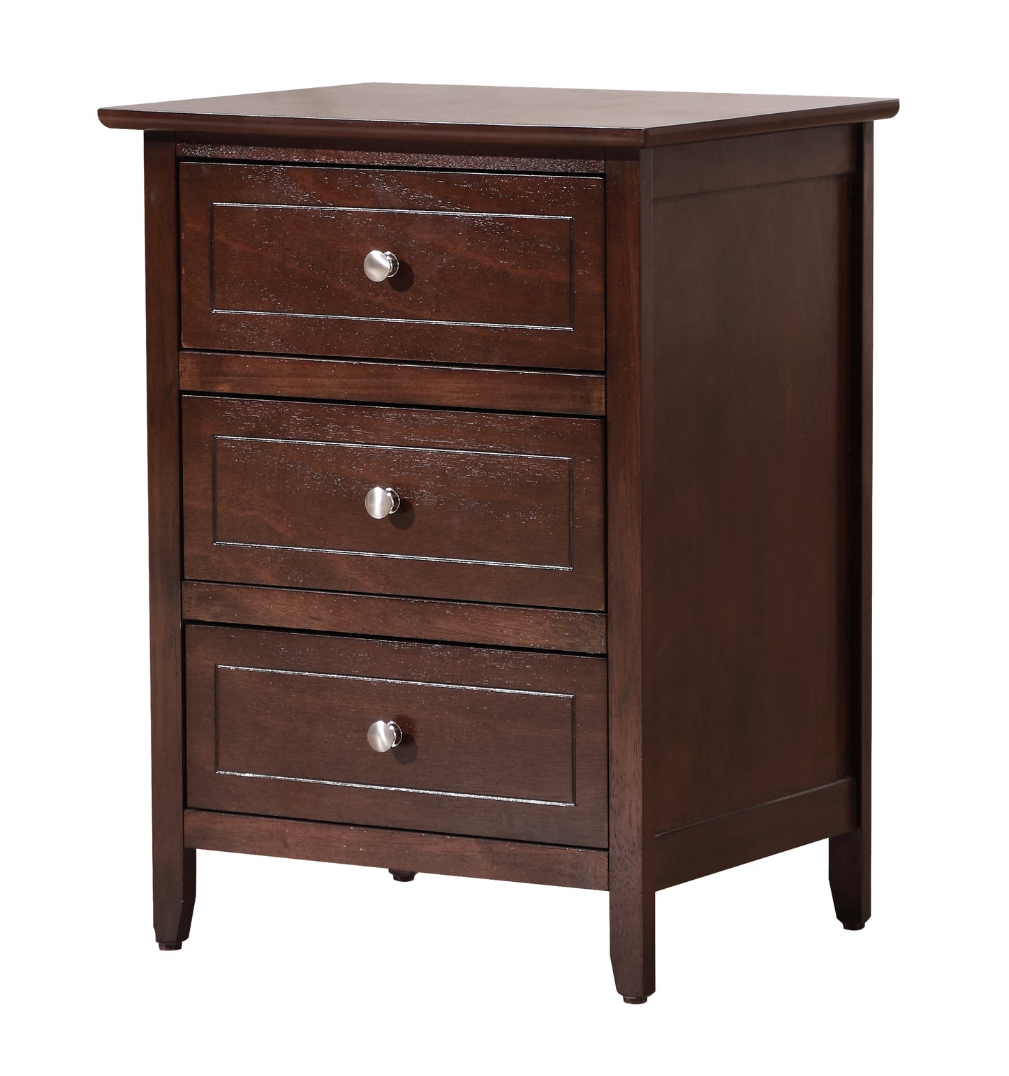 Dark brown wooden nightstand with three drawers and silver knobs