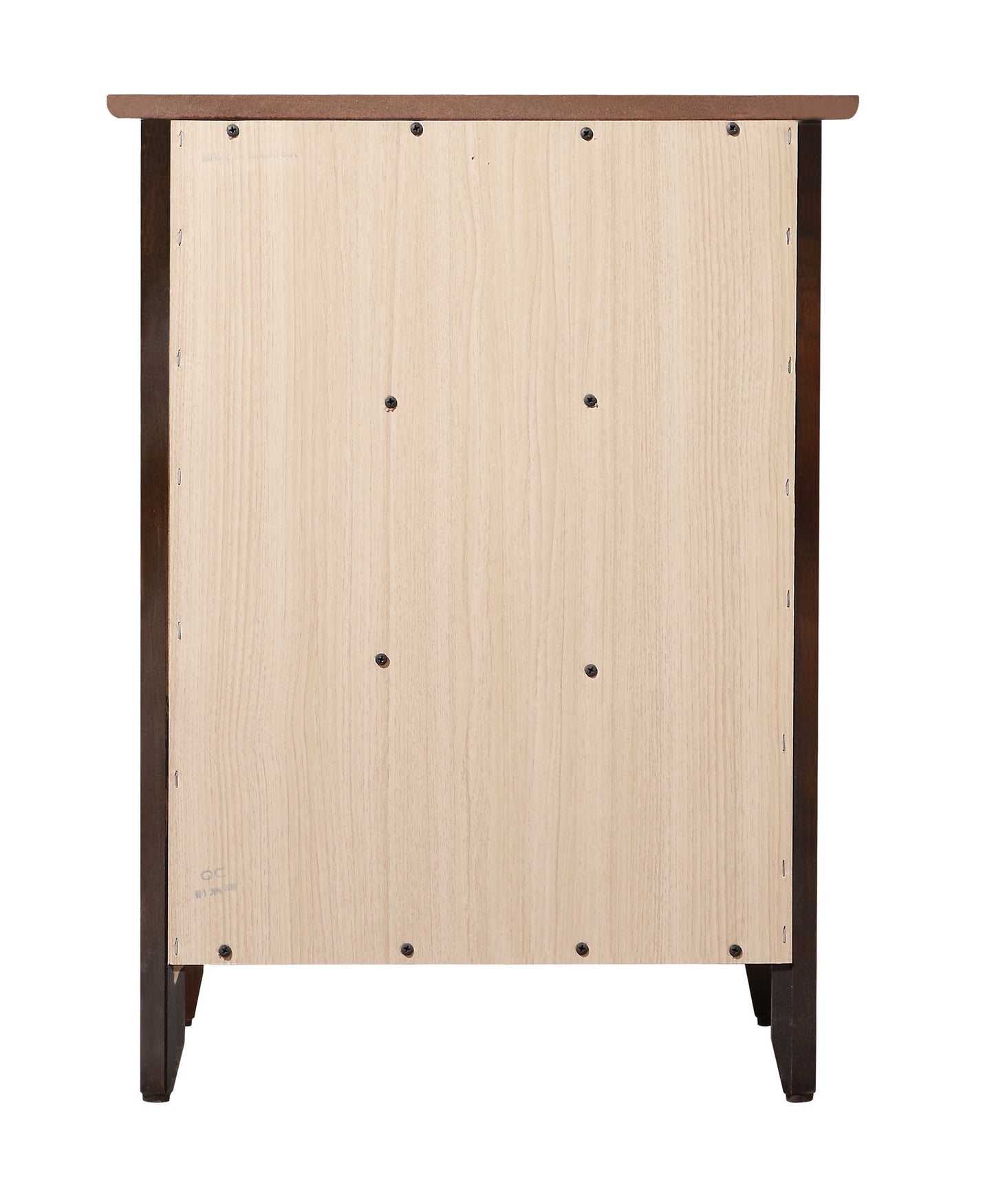 Dark brown wooden nightstand back panel with light wood grain and visible screws