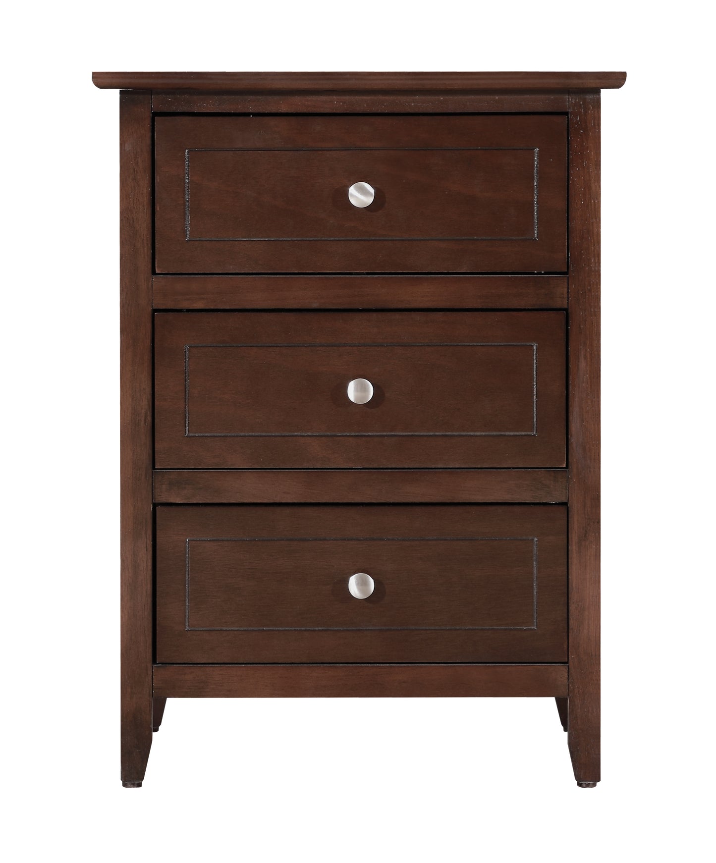 Rich dark wood nightstand with three drawers and brushed nickel hardware ideal for bedrooms