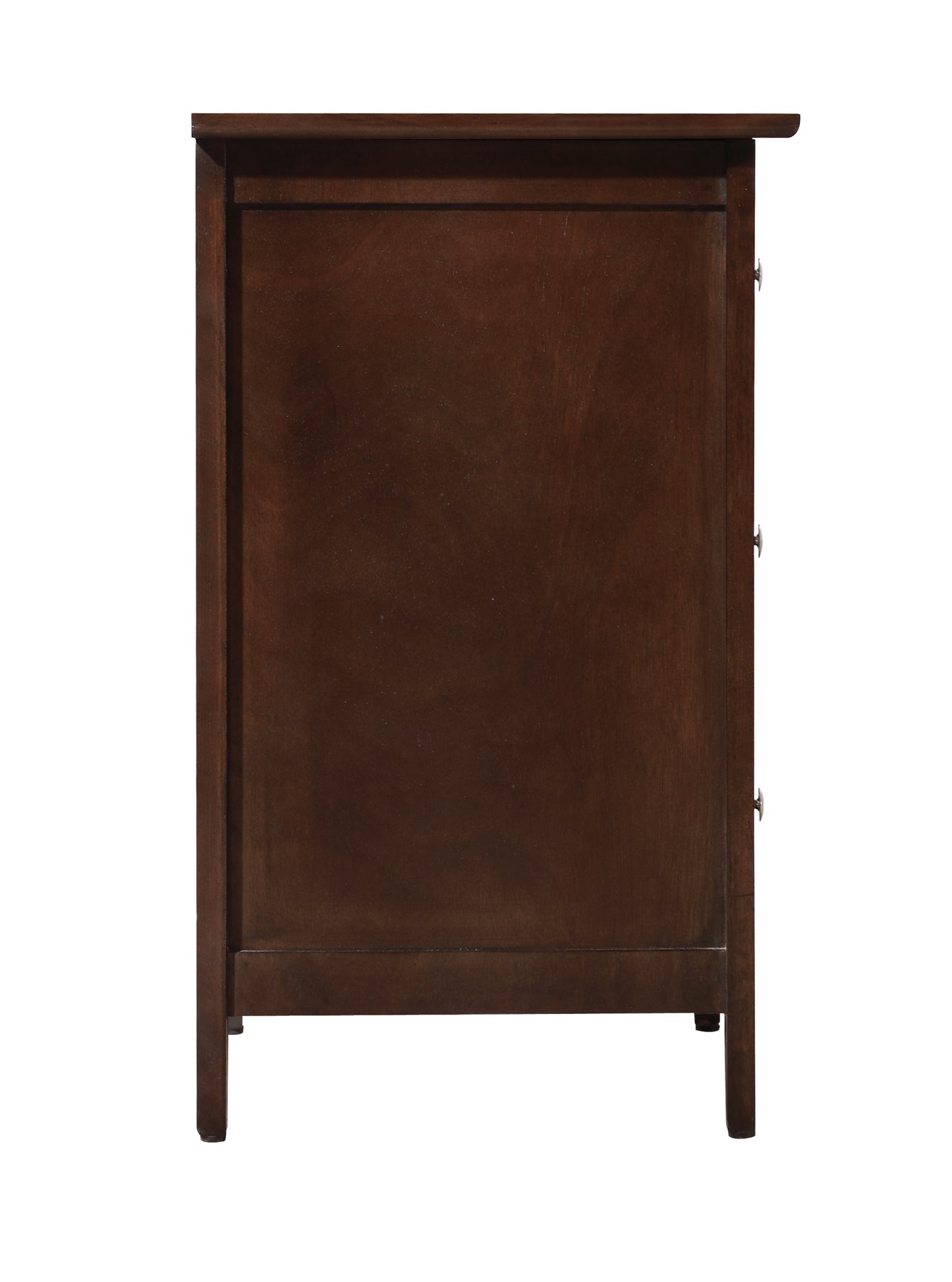 Dark brown wood chest of drawers side view with clean lines and brushed nickel knobs
