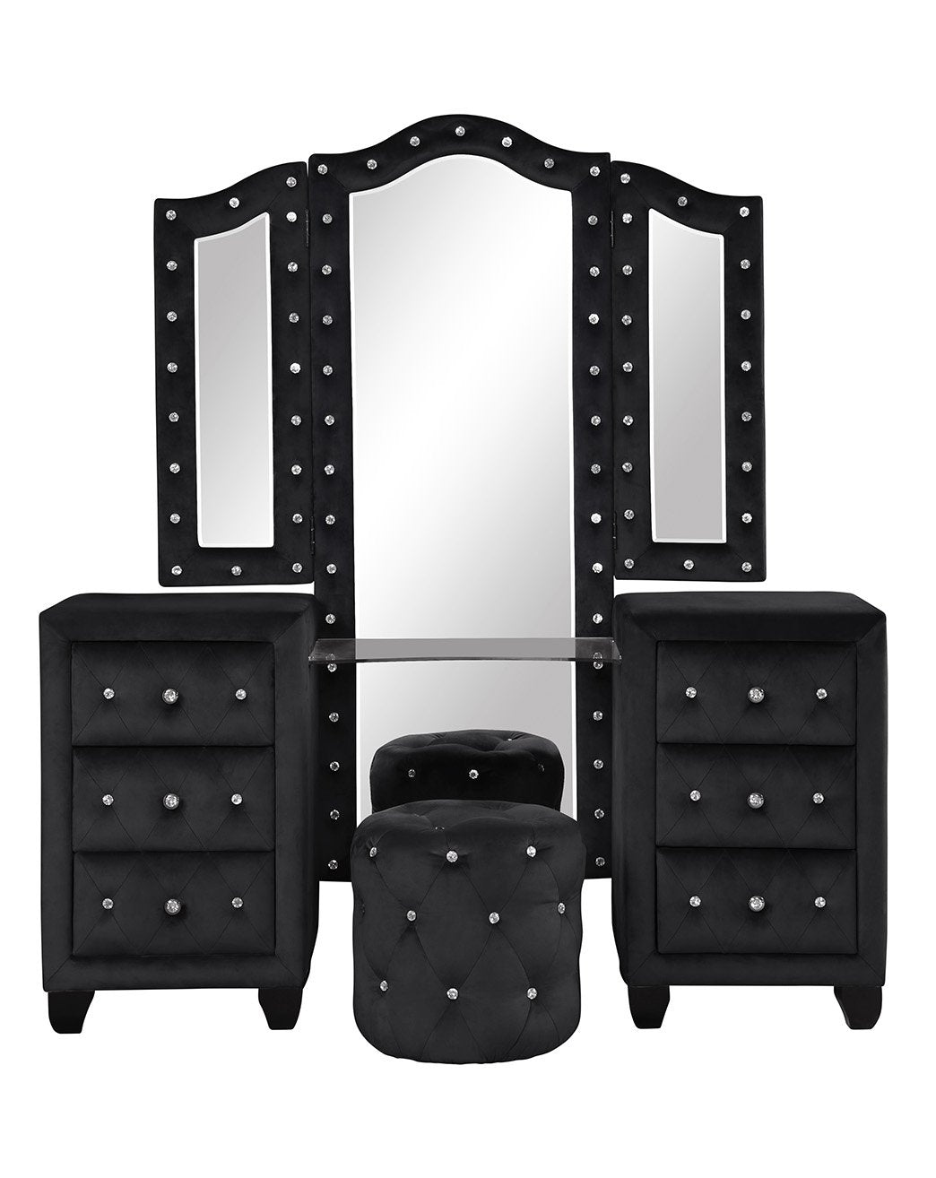 Black velvet vanity set with crystal accents