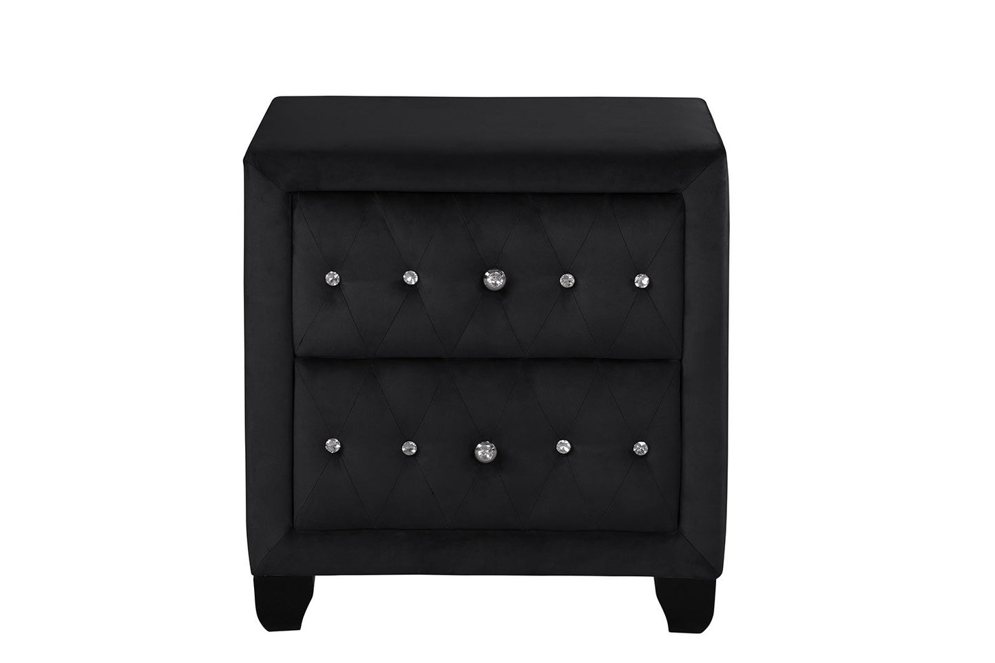 Black velvet nightstand with diamond tufting and crystal knobs
