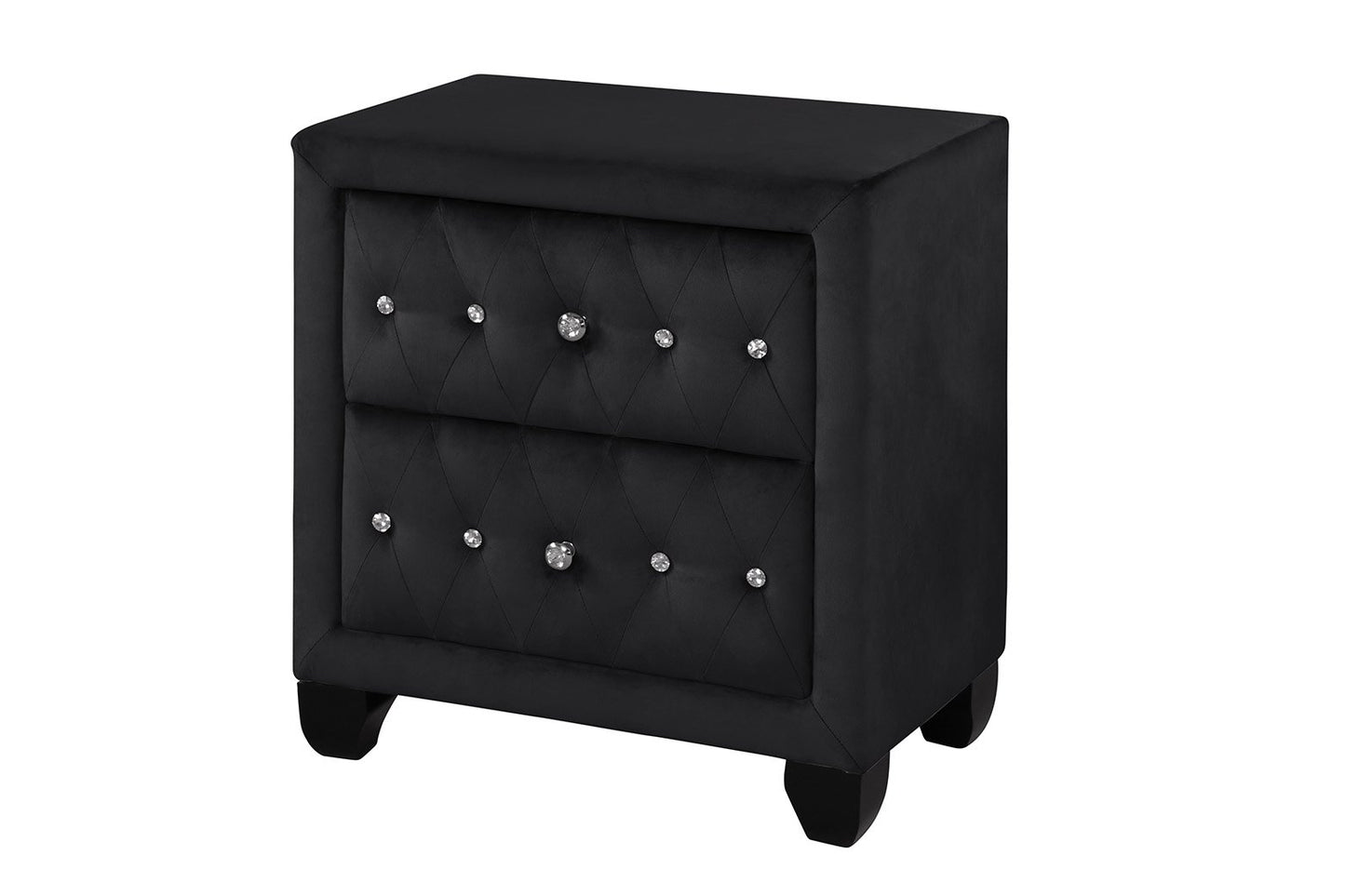 Black velvet nightstand with two drawers featuring crystal accents