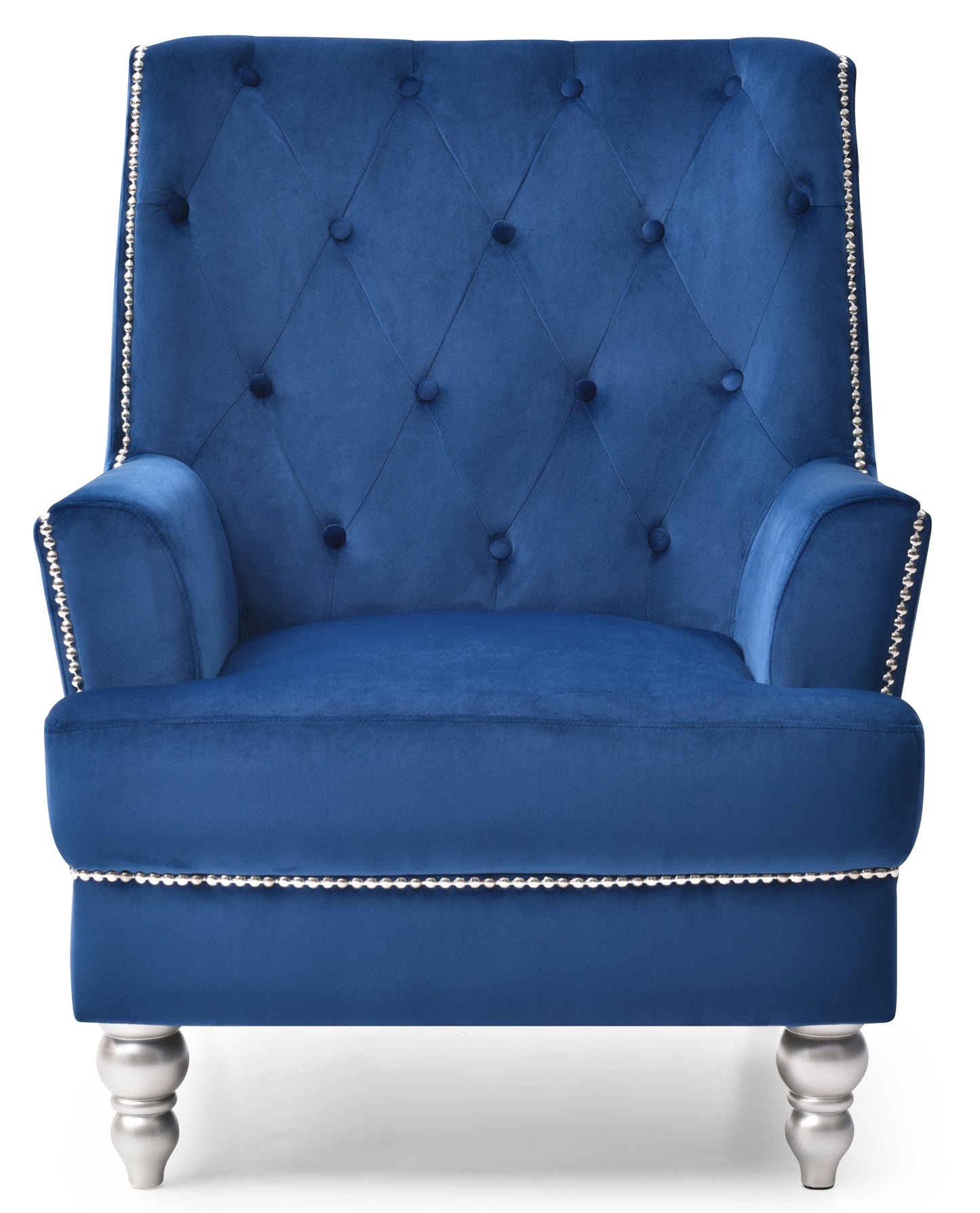 Deep blue velvet accent chair with tufted back silver nailhead trim and carved legs