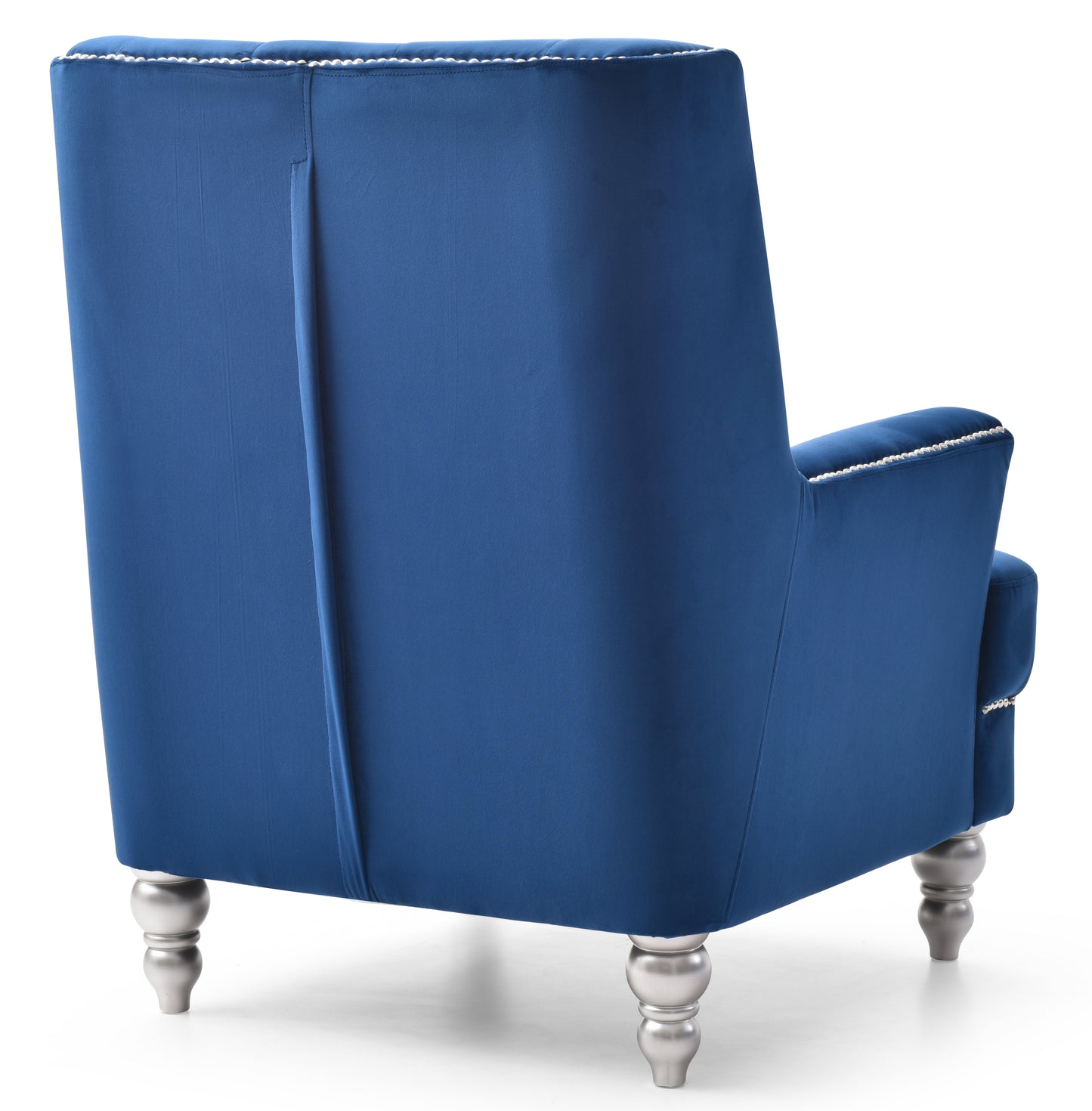 Deep blue velvet armchair with silver decorative nailhead trim and turned legs elegant design