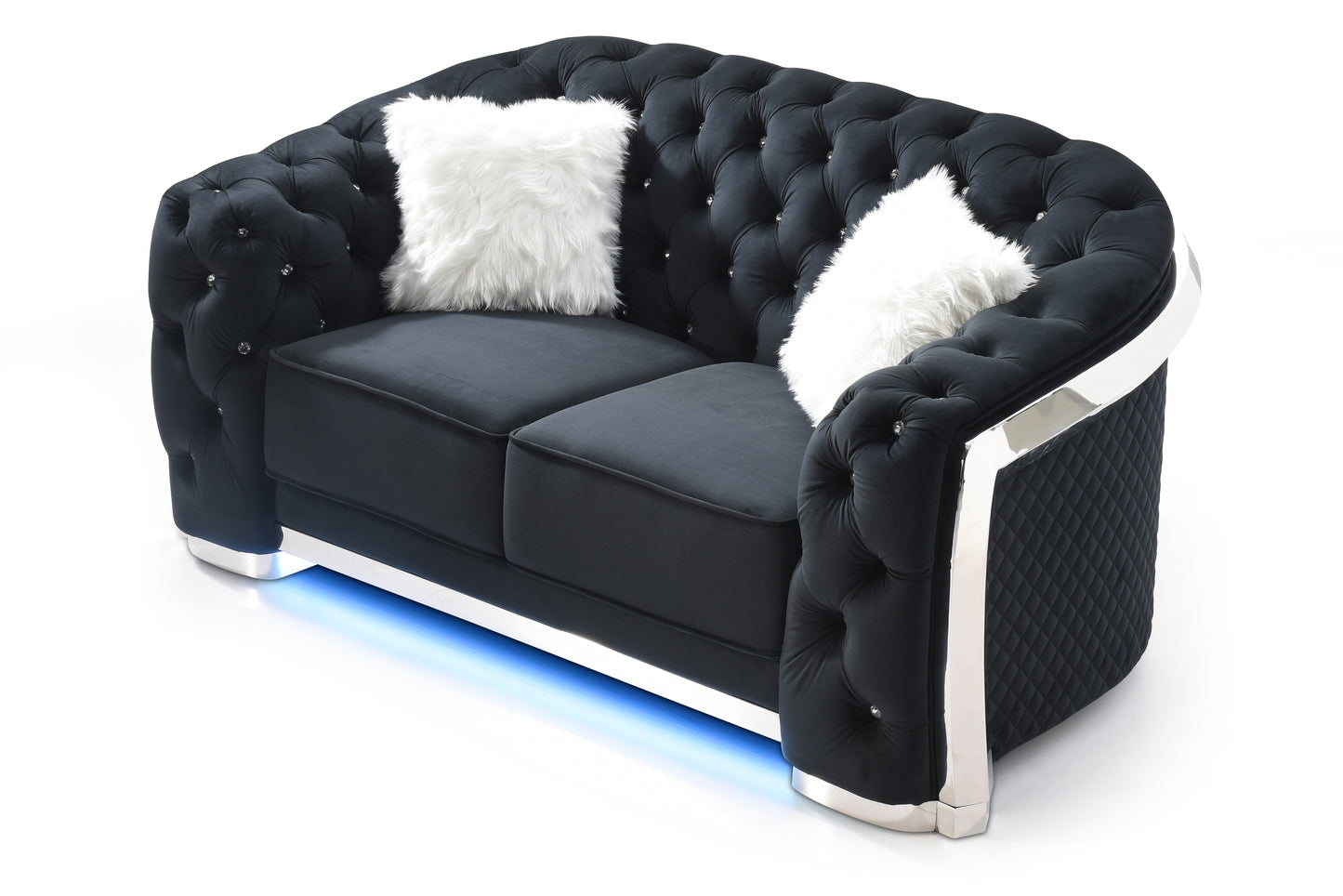 Dark grey velvet chesterfield loveseat with tufted buttons and diamond accents