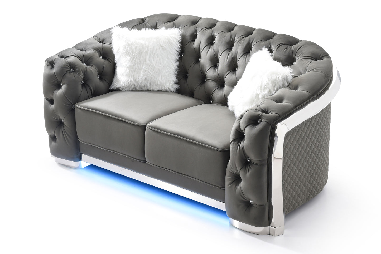 Gray velvet tufted sofa with crystal accents and LED base lighting