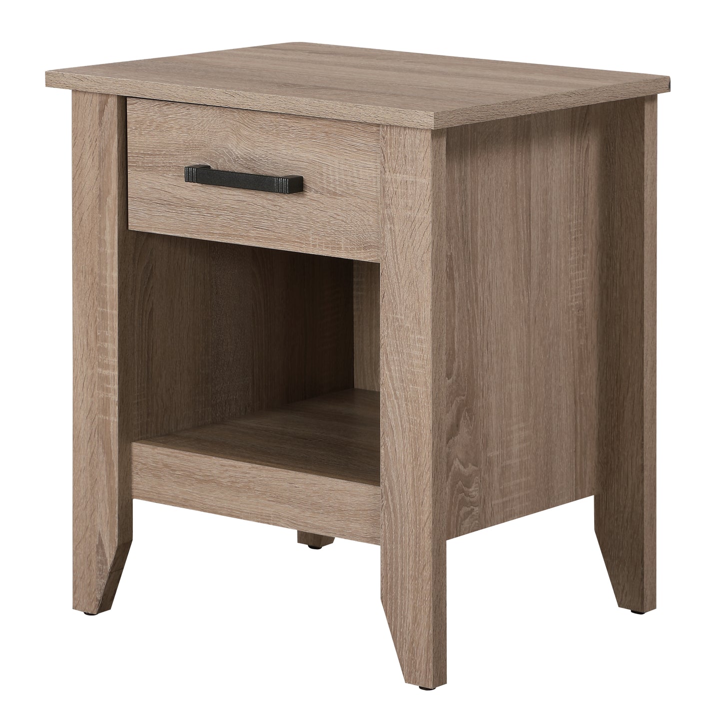 Rustic oak wood bedside table with one drawer and open shelf
