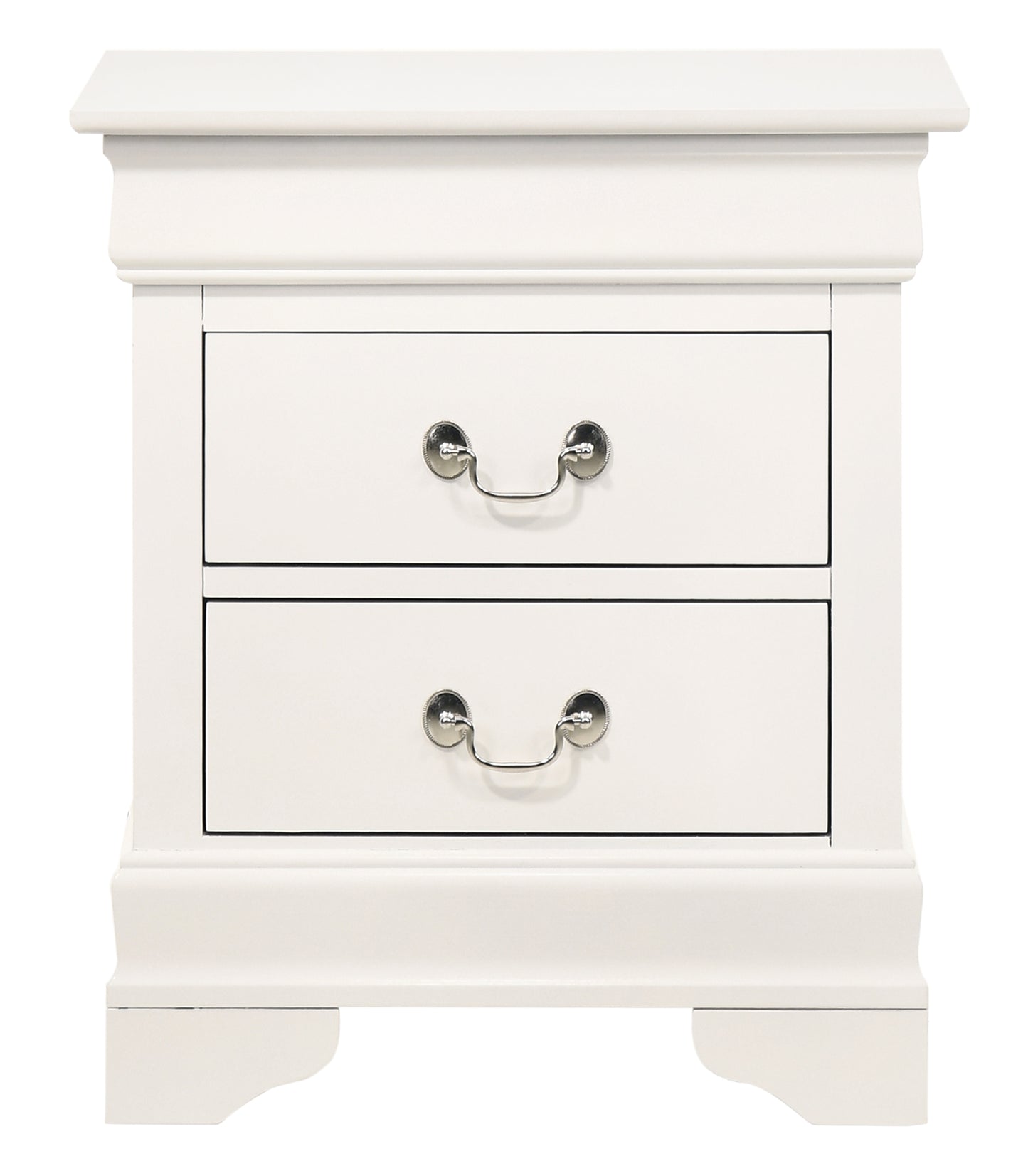 White twodrawer nightstand with silver hardware and decorative molding