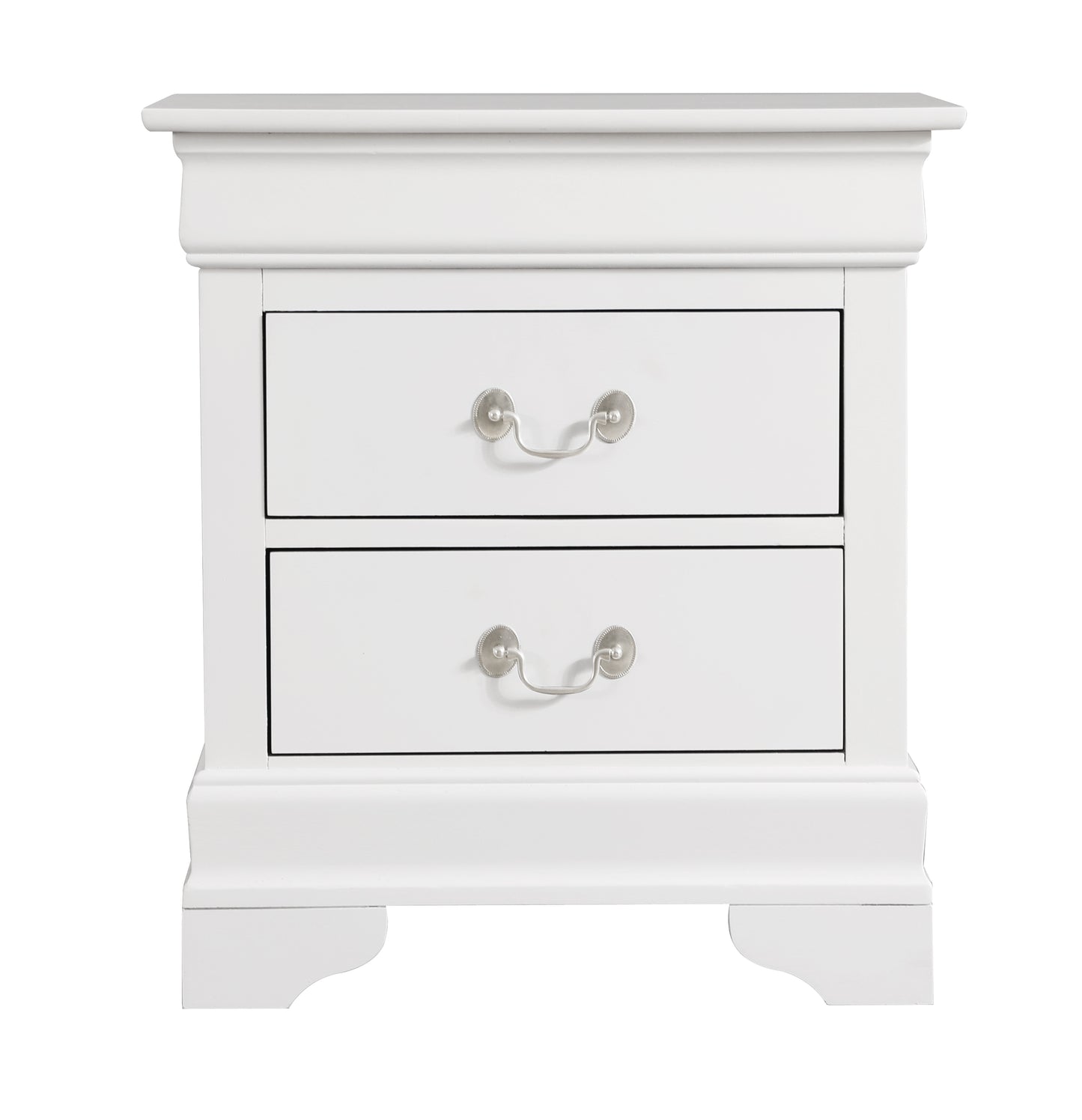 White wooden twodrawer nightstand with ornate silver handles