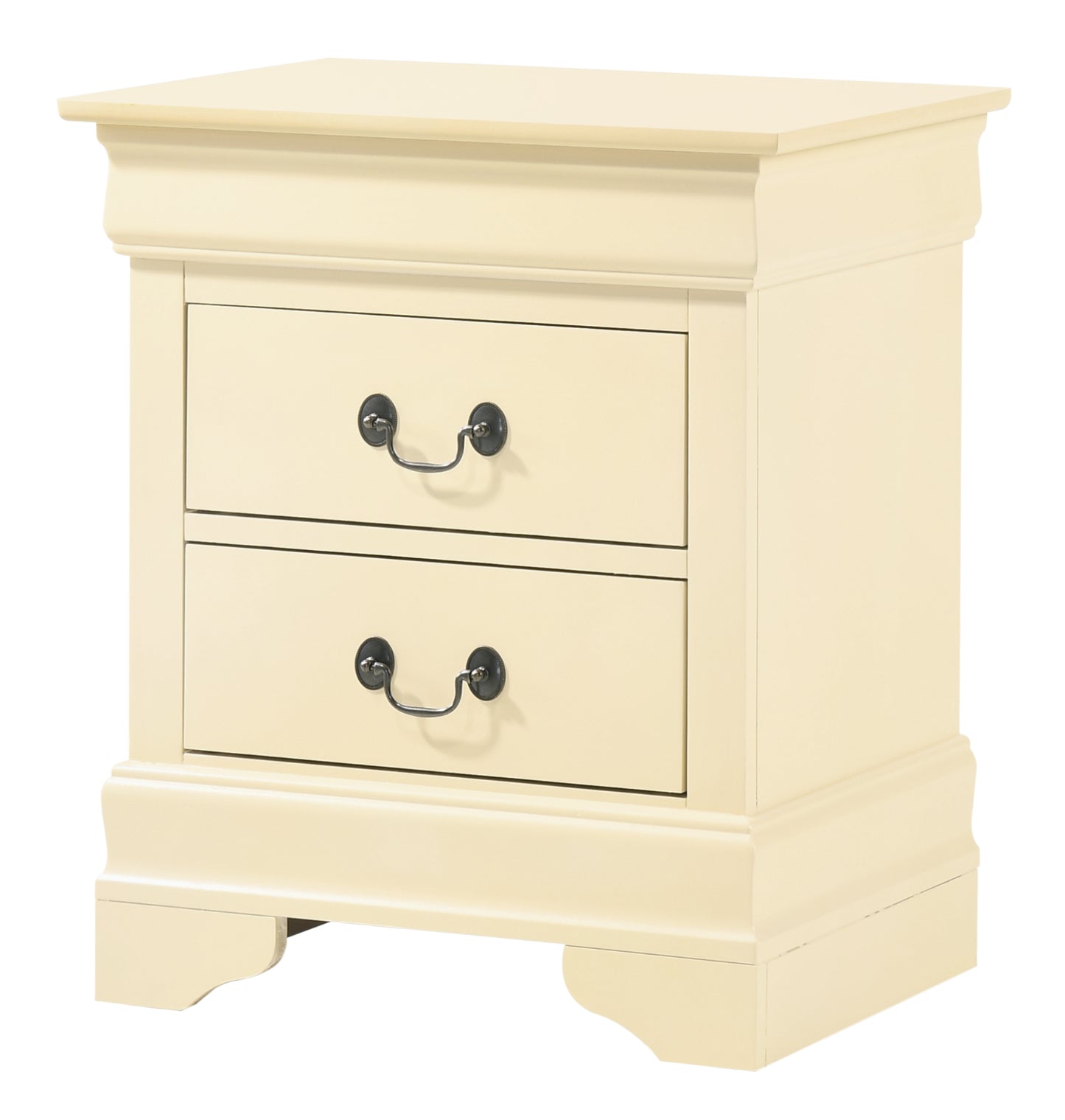 Cream painted nightstand with two drawers and ornate handles
