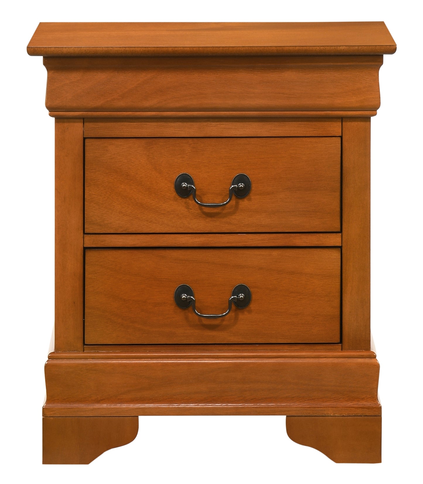 Solid wood nightstand in warm cherry finish with two drawers and antique brass pulls