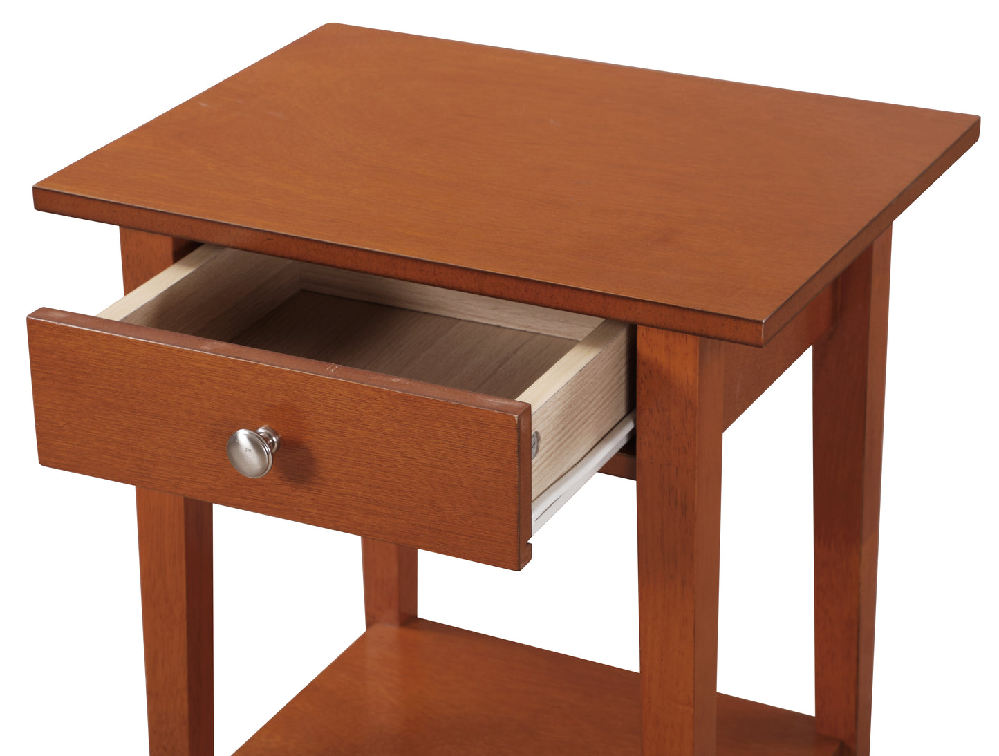 Brown wooden end table with one drawer open featuring silver knob