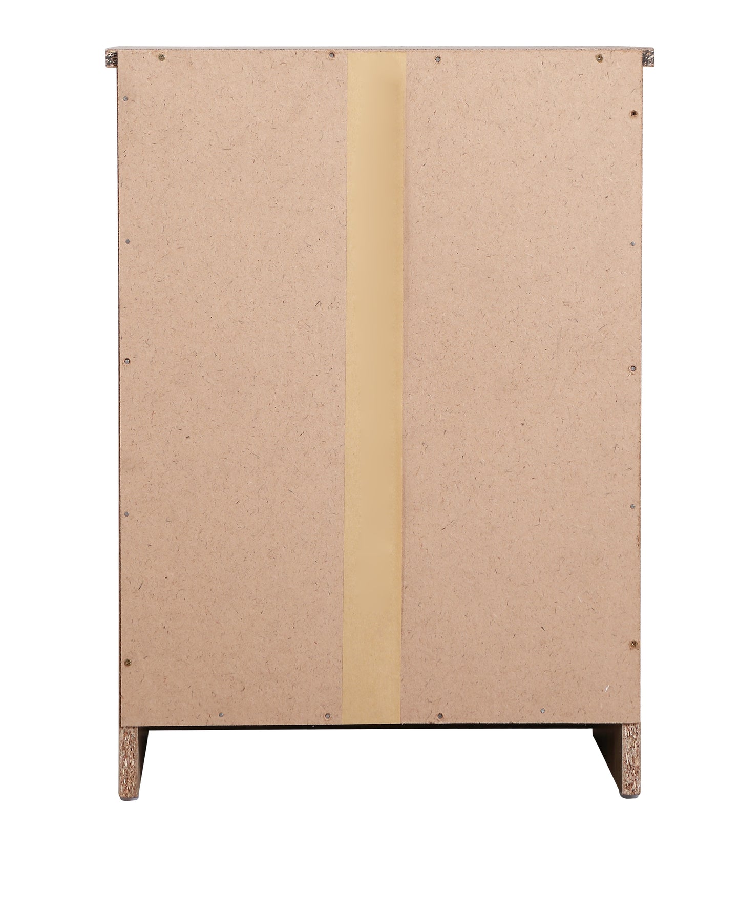 Back panel of a beige particleboard cabinet showing visible screws and taped seam