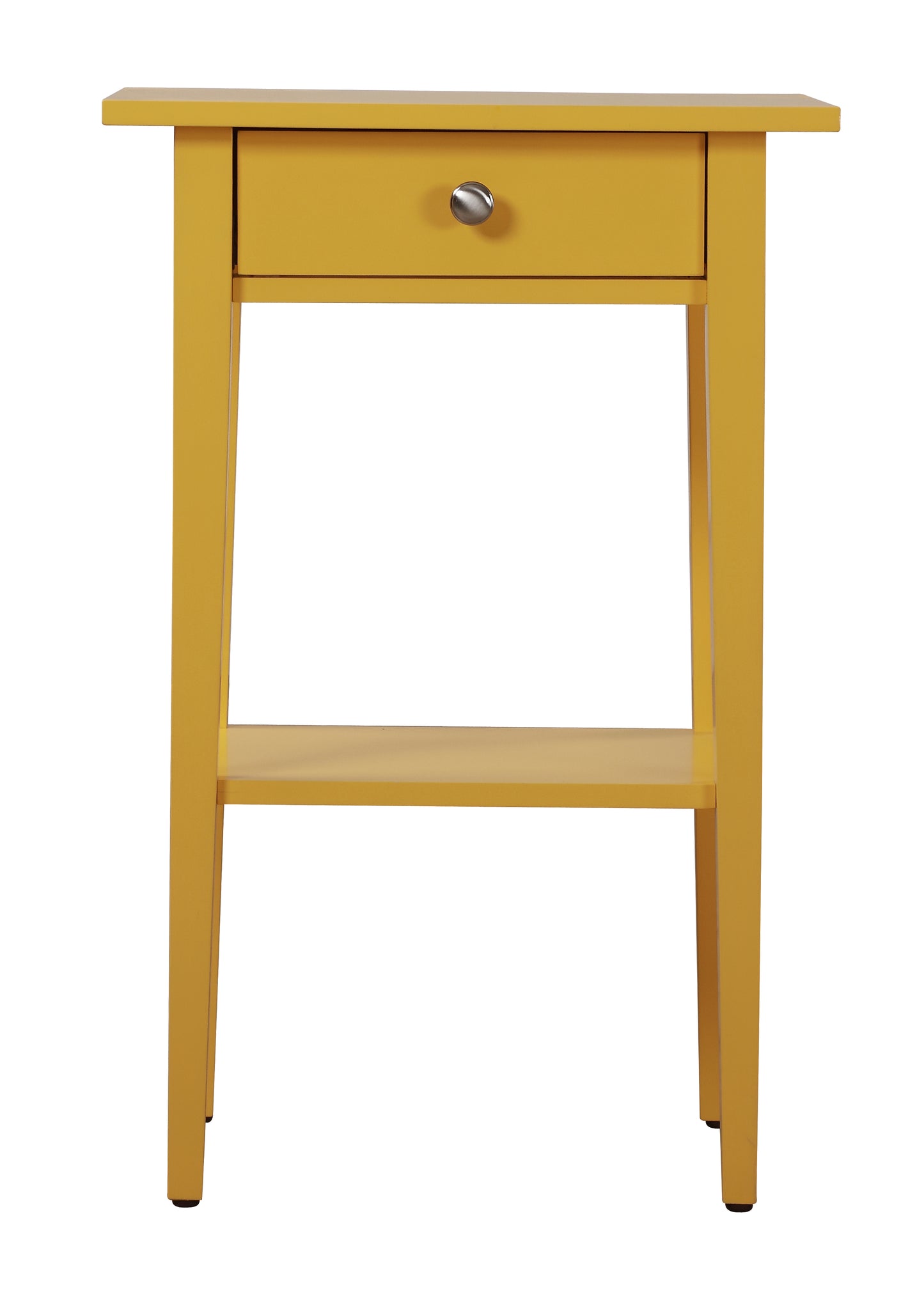 Yellow wood accent table with one drawer and a lower shelf
