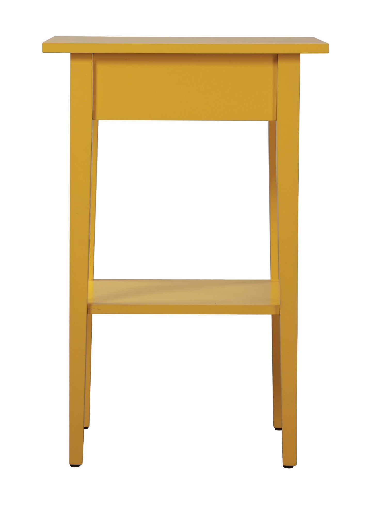 Modern yellow end table with two open shelves perfect for living room decor