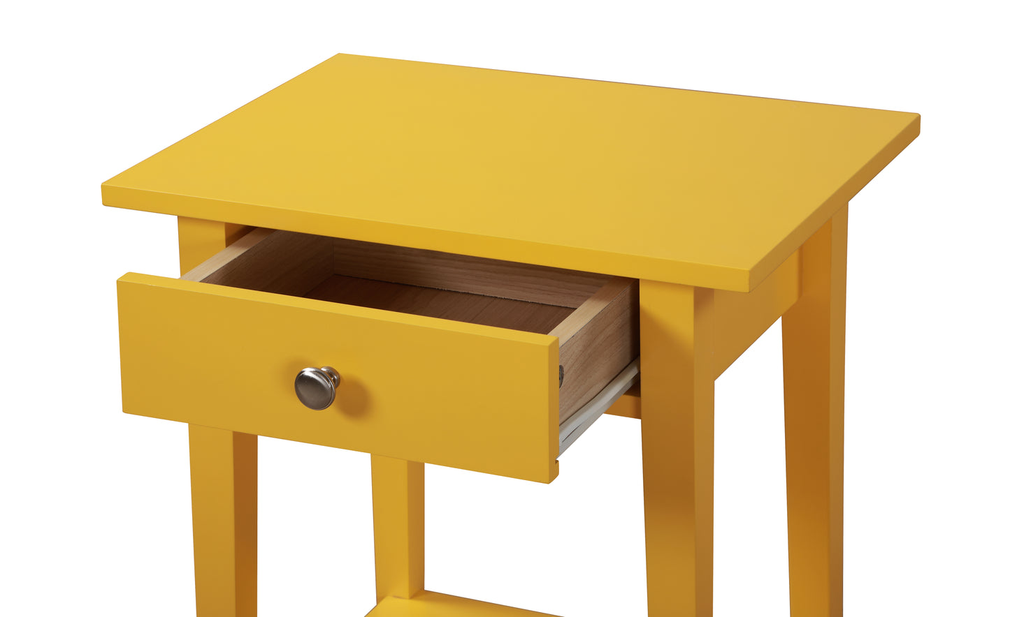 Yellow side table with one open drawer and silver knob