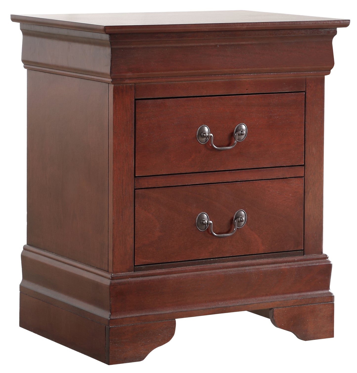 Classic mahogany twodrawer nightstand with ornate metal pulls perfect for bedroom storage